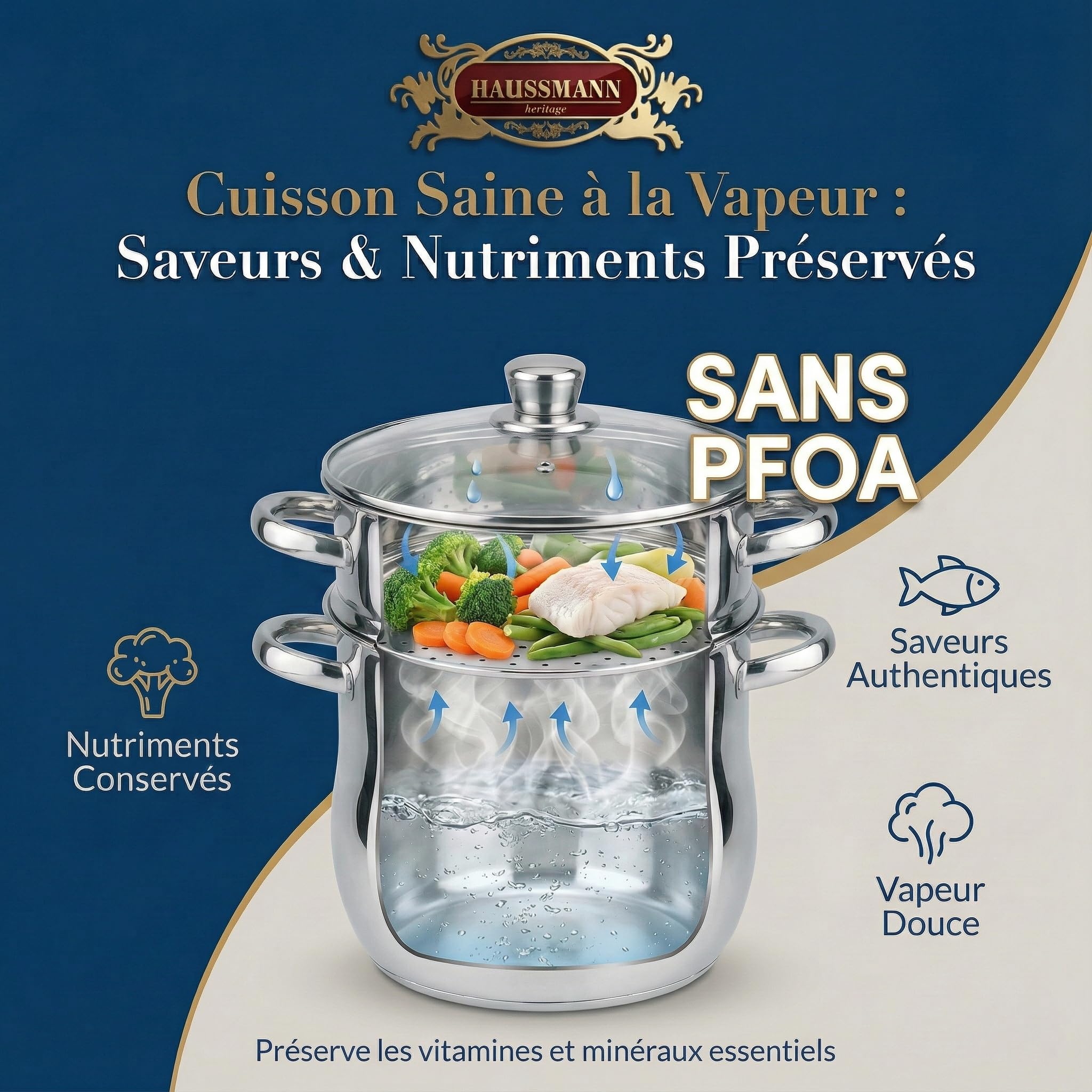 Haussmann Héritage - Couscoussier 3 en 1 Acier Inoxydable (4L/18x15x8cm) - Cuit Vapeur & Faitout - Inclut Panier à Semoule - Couvercle Verre - Compatible Induction & Lave-vaisselle - Sans PFOA