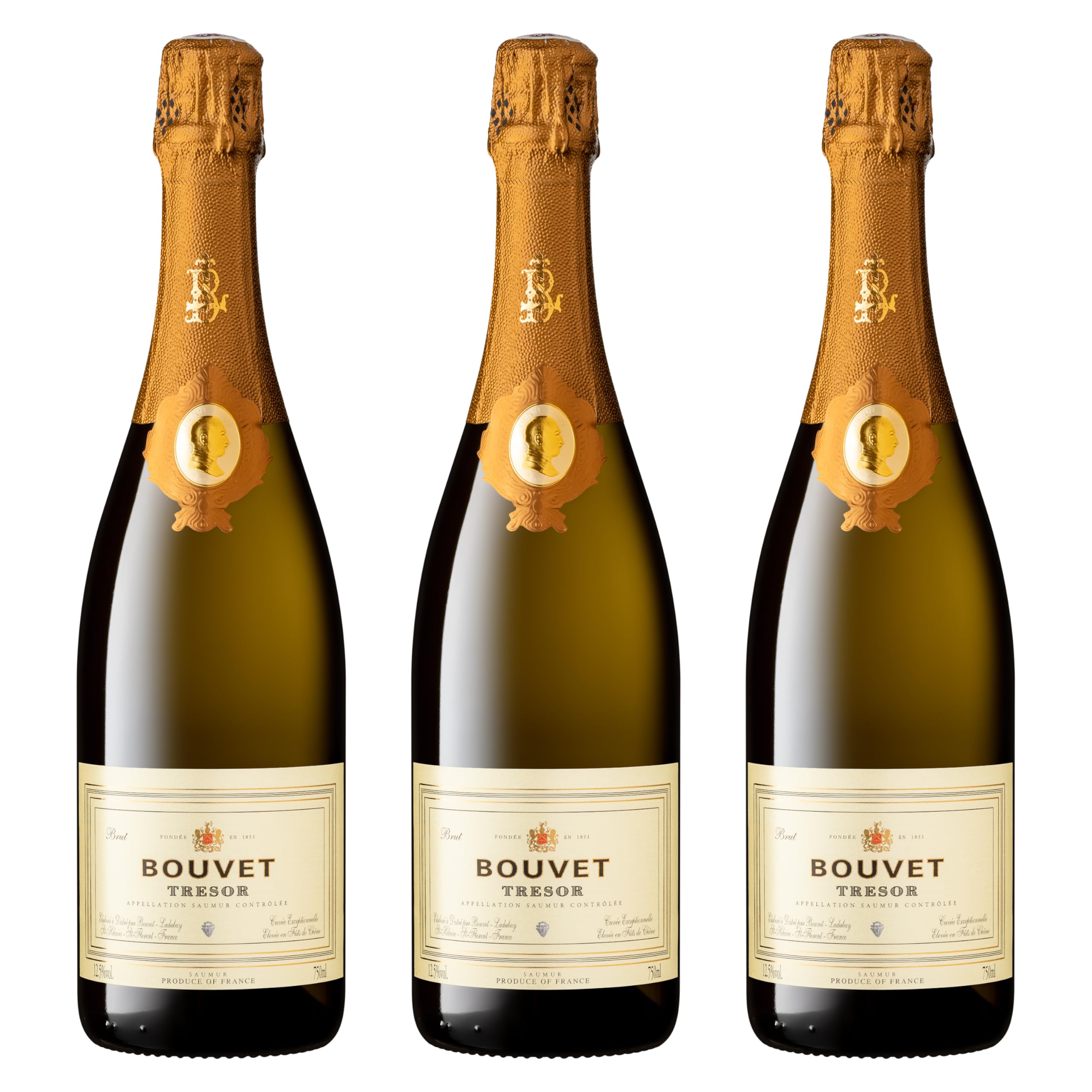 Bouvet Trésor Vintage Saumur Brut AOP - Schaumwein - Im Eichenfass ausgebaut - Chenin Blanc Chardonnay – Feinschmeckerwein - 3 x 0.75 L
