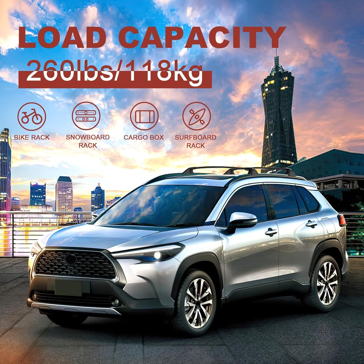 Cross Bars Roof Racks Compatible with Toyota Corolla Cross 2022 2023 2024 Aluminum Crossbar Roof Rail Bar 2PCS Lockable for Canoe, Kayak, and Bike