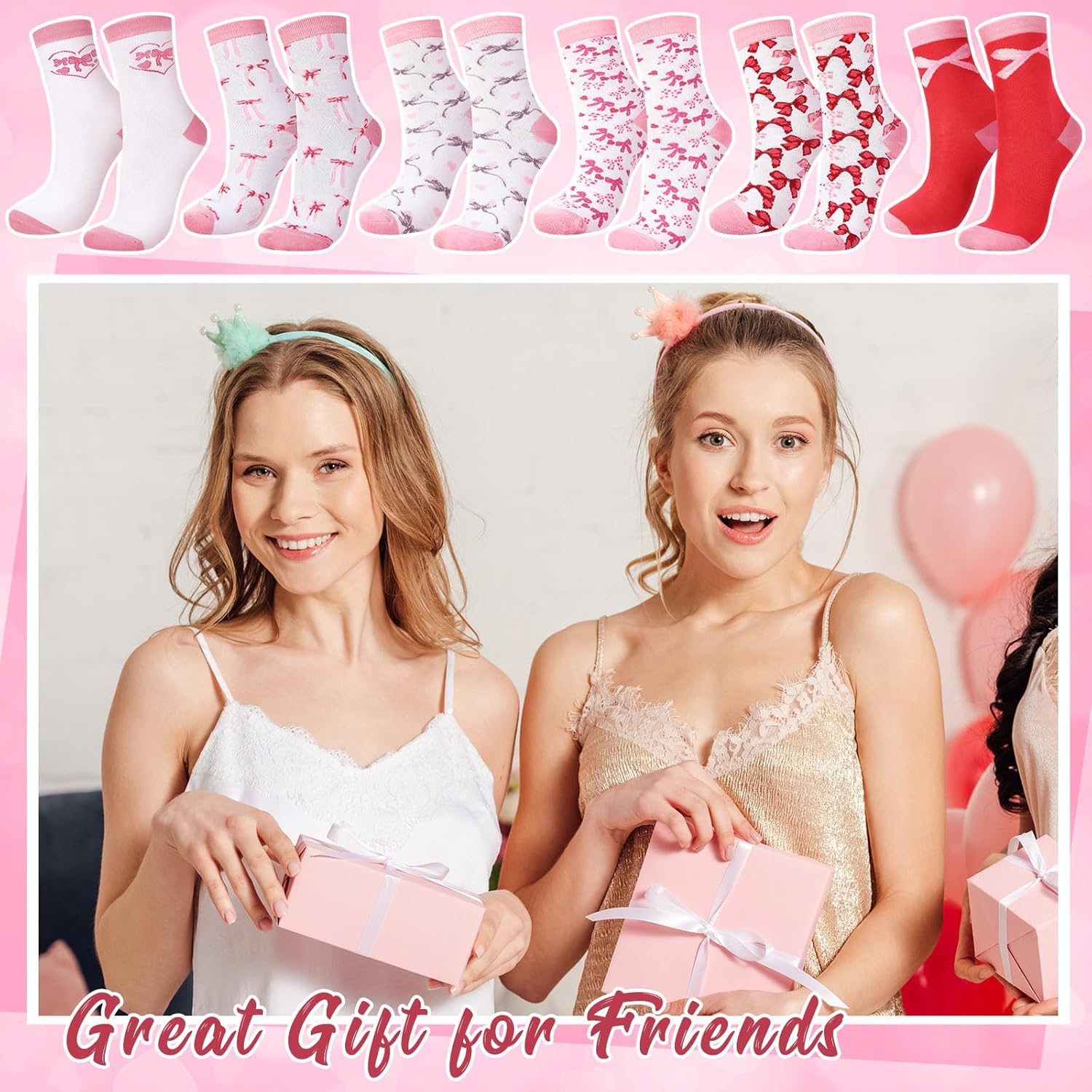 6 Pairs Pink Bow Socks for Women Cute Coquette Crew Socks Women Novelty Gifts Coquette Party Favors for Sister Friend Teacher Mother Nurse Novelty Stocking Us Size 6-12 - Image 6