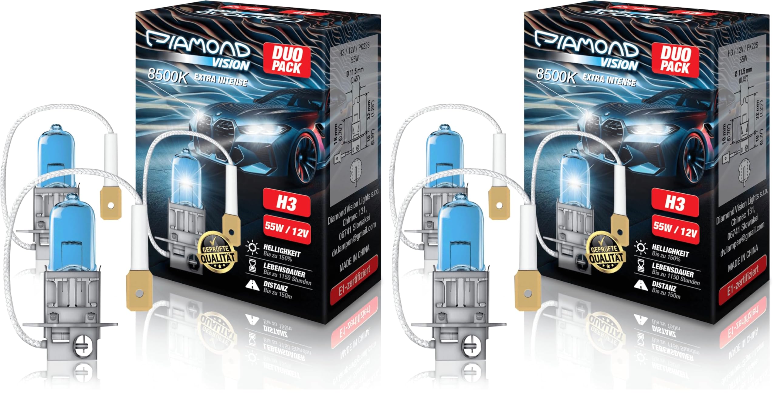 Diamond Vision 2x H3 12V 55W | Xenon Look | Halogen KFZ Autolampen | Kaltweiß | zweimal so langlebig | E-Prüfzeichen | PK22S (Packung mit 2)