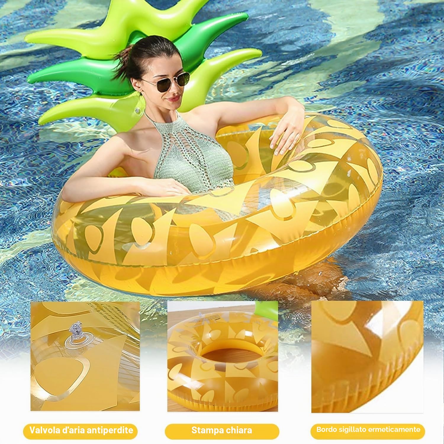 LATERN Ananas Galleggiante Gonfiabile dello Stagno, 95CM Zattera da Nuoto Gonfiabile in Gomma Anello da Nuoto Gigante per Divertimento in Acqua per Piscina Sport Acquatici Estate Spiaggia Festa