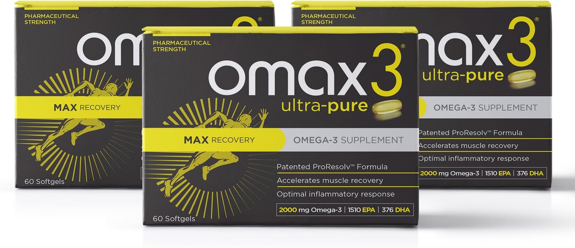 OMAX3® Ultra-Pure MAX Recovery Clinical Strength Omega-3 Fish Oil Supplements | High Concentration Patented 4:1 EPA to DHA | Gluten & Soy Free, Non-GMO, NSF Certified for Sport | Heart & Joint Support