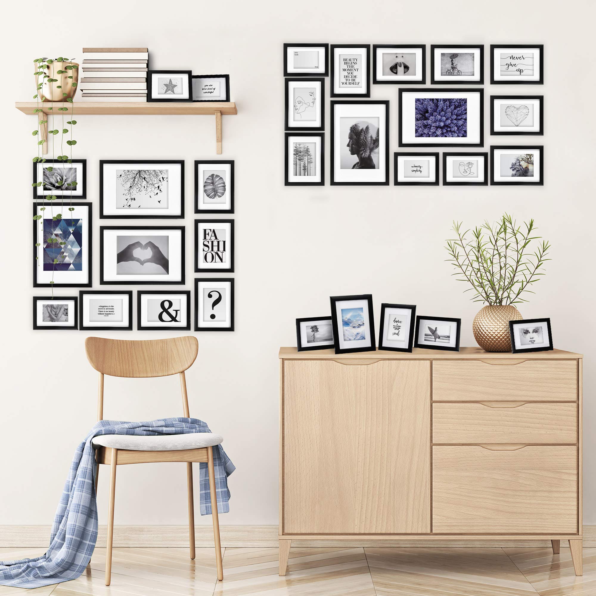 bomoe Juego de marcos de fotos 30 piezas collage con paspartú de madera | 10x10x15cm 15x13x18cm 5x20x30cm negro cristal de plástico decoración mural Marco pared portafotos multiple Emotion