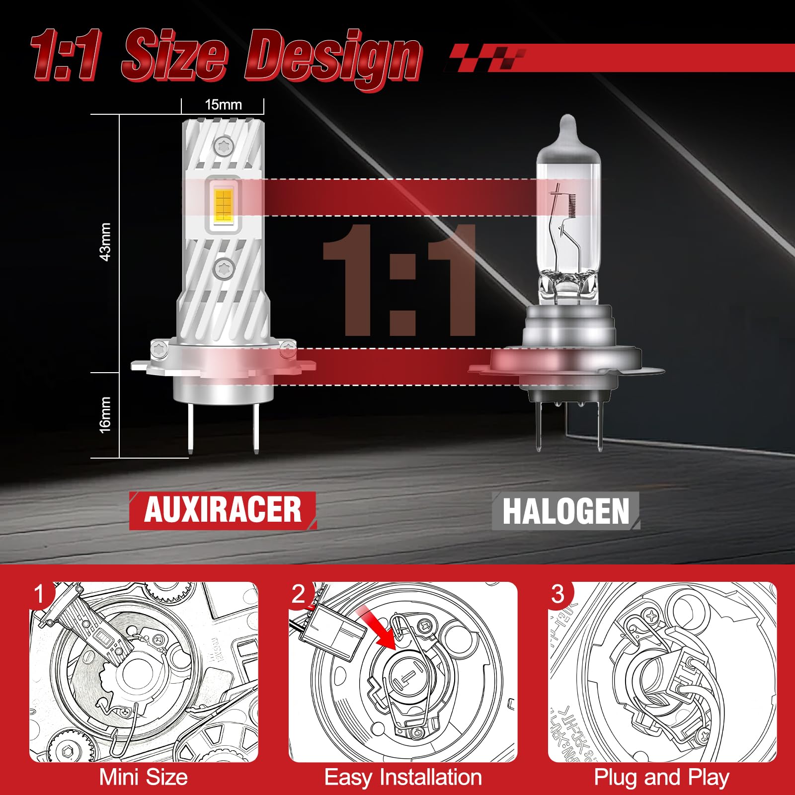 AUXIRACER Ampoule H1+H7 LED, 100W H1+H7 LED Lampes de Phares Voiture, 6500K Lumière Blanche, Format Mini 1:1, 60000+ Heures De Vie, 9-24V Plug and Play, 4 Pièces