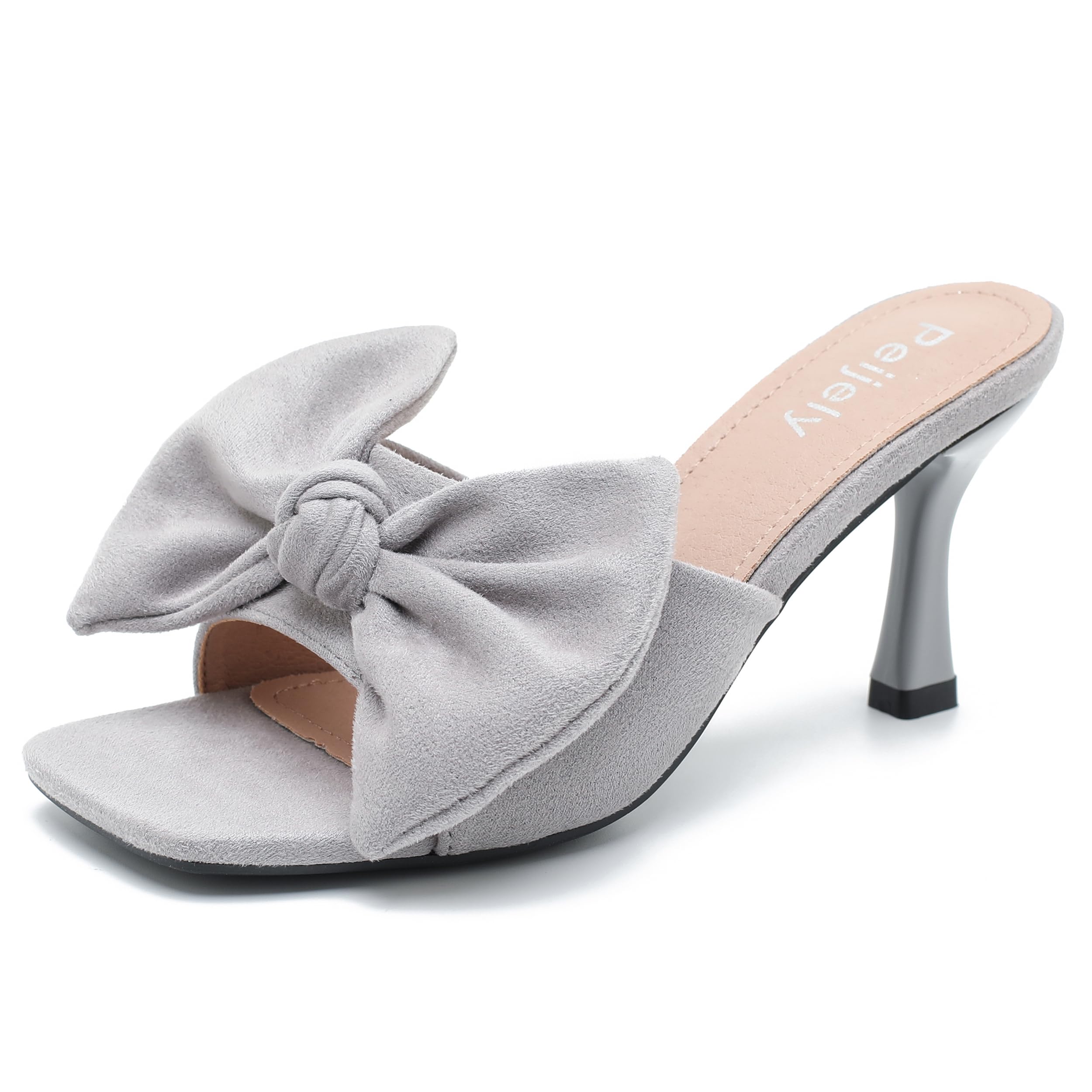 Peijely Women's Bow Mules, Square Open Toe Sandals with 2.95 Inch Heel, Slip-On Summer Slides