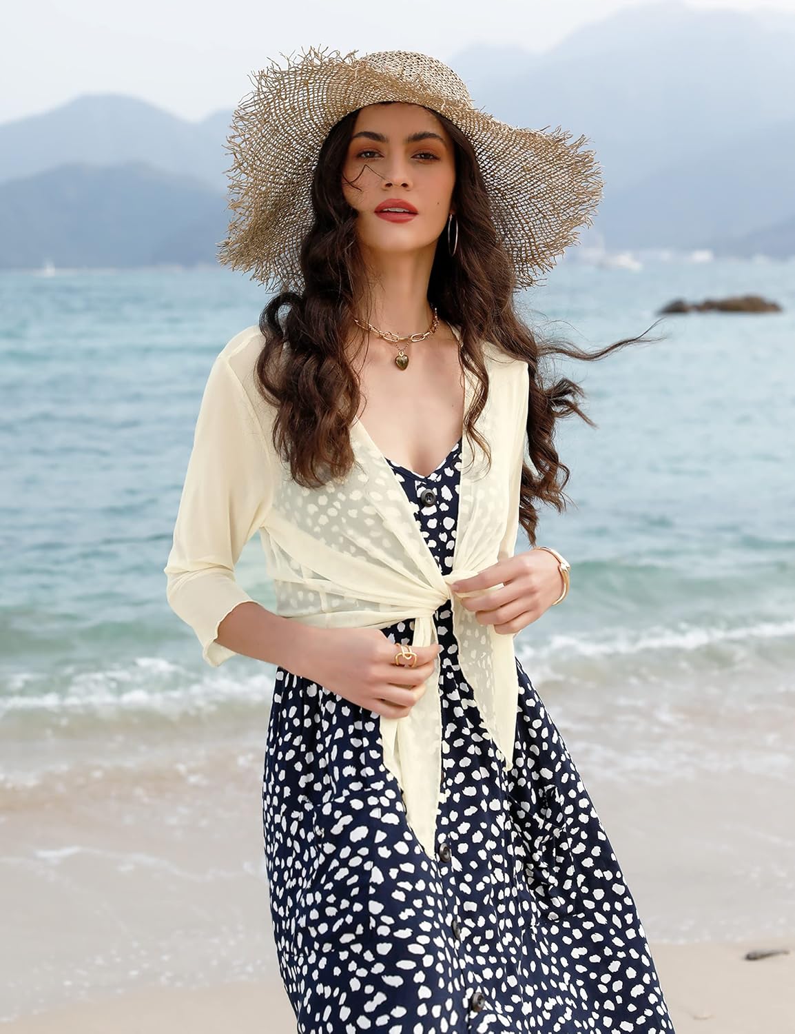 Aiboria Womens 3/4 Sleeve Shrug Sheer Mesh Bolero Tie Front Cropped Cardigan S-XXL - Image 2