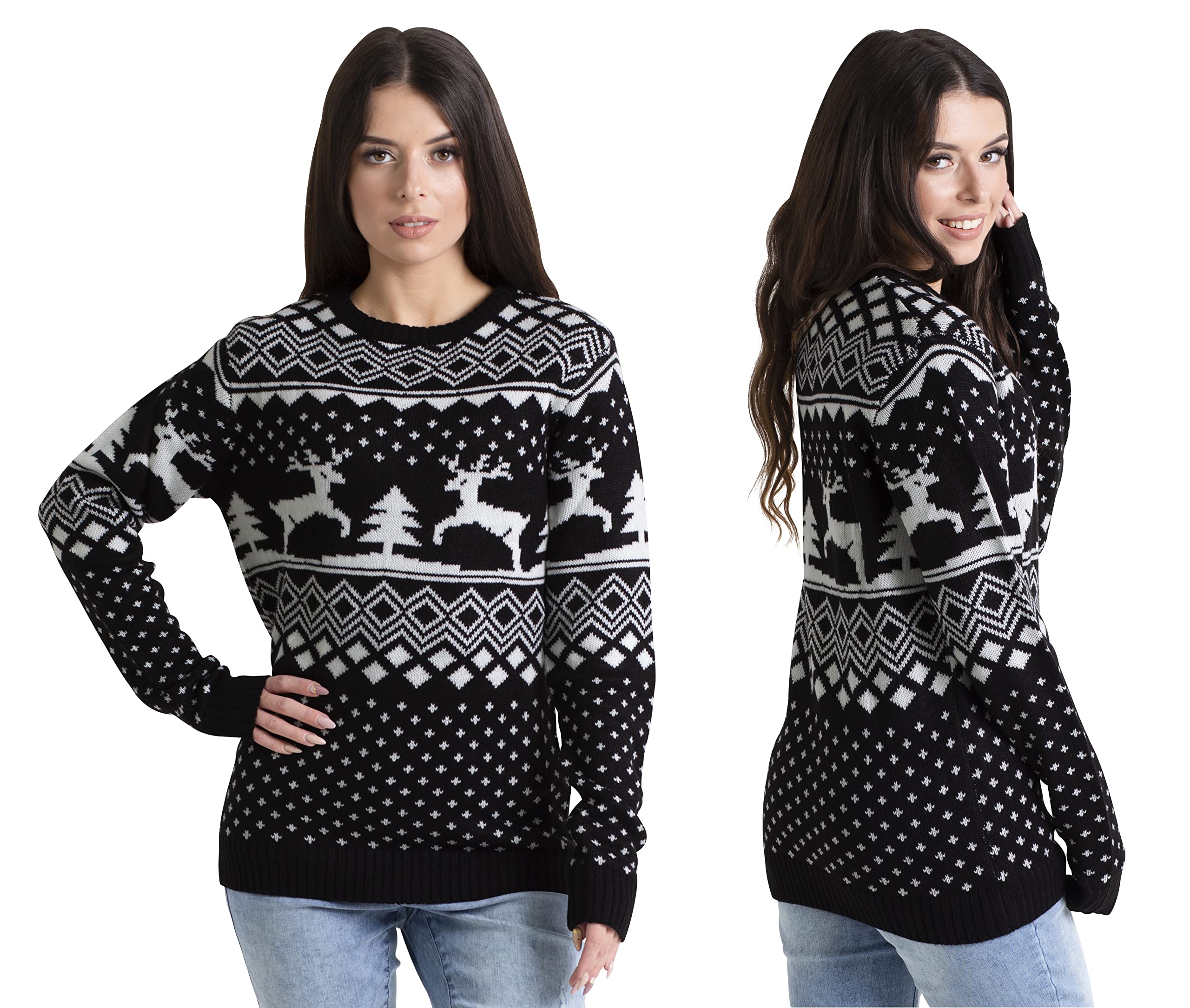 westAce Womens Christmas Jumpers Xmas Knitted Reindeer Snowflake Print Jumper for Women UK Novelty Rudolph Pullover Sweater Ugly Funny Christmas Jumpers Crew Neck Tunic Christmas Tops (Black, XL)