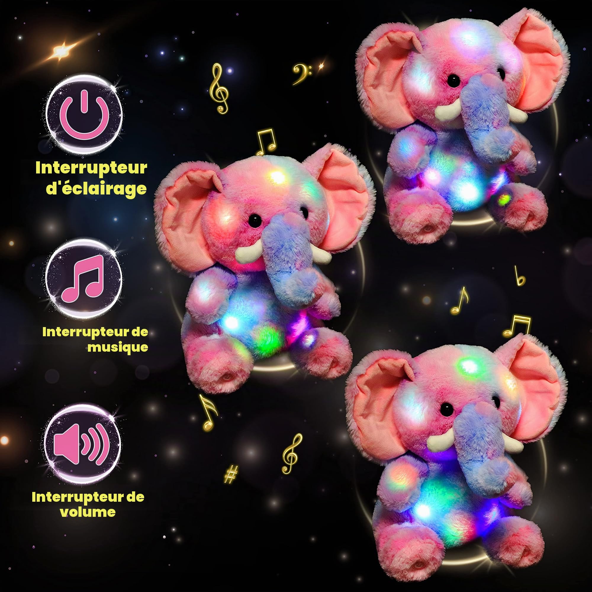 Hopearl Peluche Musicale à LED Multicolore - Éléphant Lumineux - Peluche chantante - Réglage du Volume - Berceuse animée - Apaise - Fête d'anniversaire pour Enfants en Bas âge - Arc-en-Ciel - 28 cm