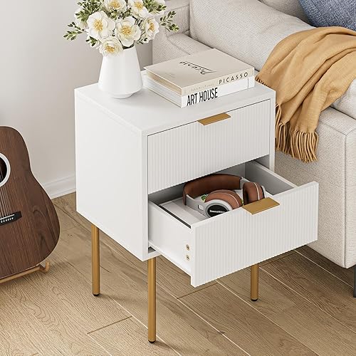 Miniatura 3 de Mesita de noche, cómoda de 2 cajones para dormitorio, mesa auxiliar pequeña con 2 cajones, muebles de noche, mesa auxiliar con marco dorado para