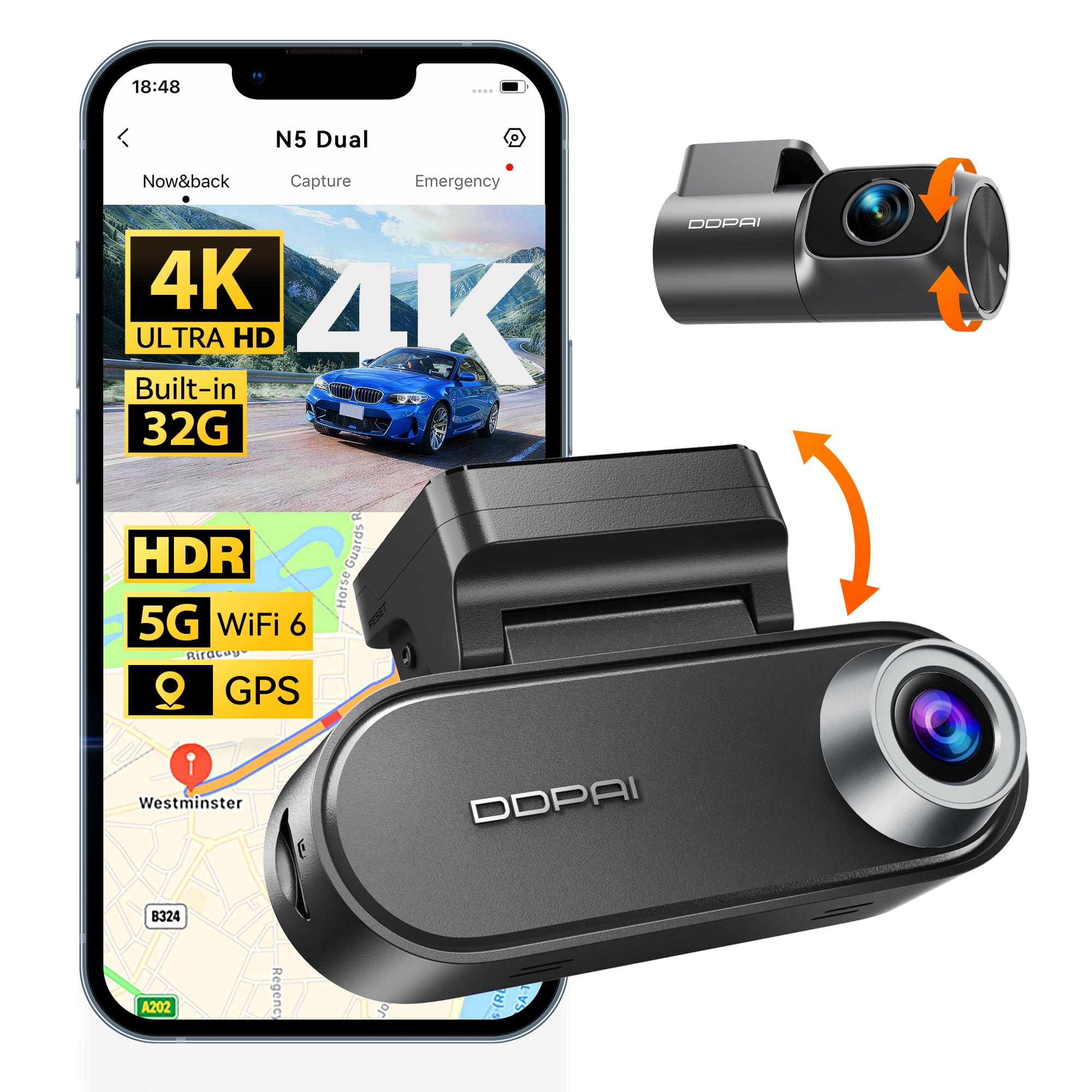 4K Dash Cam Front and Rear, 2160P+1080P Car Dash Camera, GPS 5G WiFi Dashcam for Cars, Free eMMC 32G Dual Storage Support 512G,Radar Motion Detection,Night Vision,72 Hour Parking Mode, N5 Dual