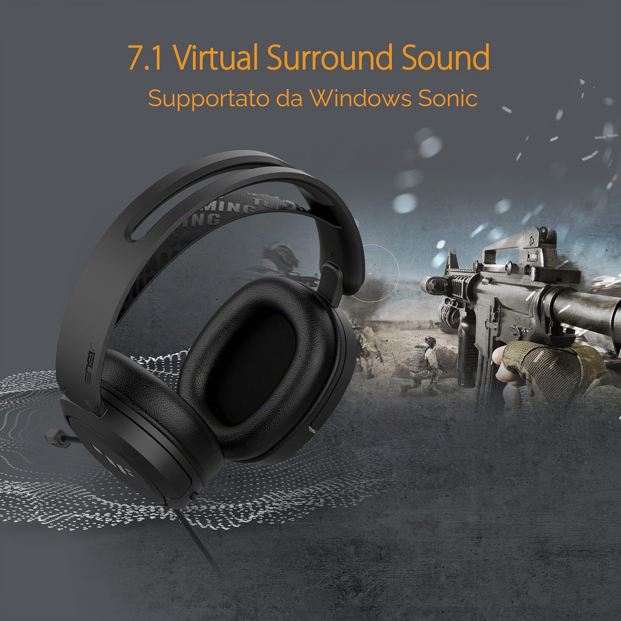ASUS TUF Gaming H1 Cuffie cablate | Microfono certificato Discord, suono surround 7.1, driver da 40 mm, 3,5 mm, leggero, per PC, Switch, PS4, PS5, Xbox One, Xbox Series X | S e dispositivi mobili