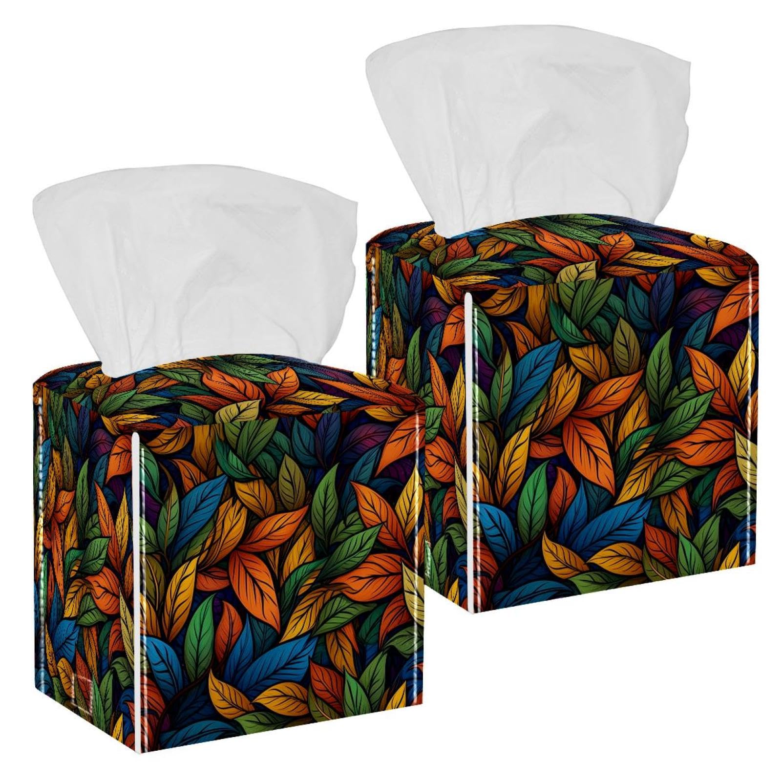 Artistic Leaves Tissue Box Cover, 2 Pack PU Leather Square Facial Tissue Dispenser Box holder for Home Office Car