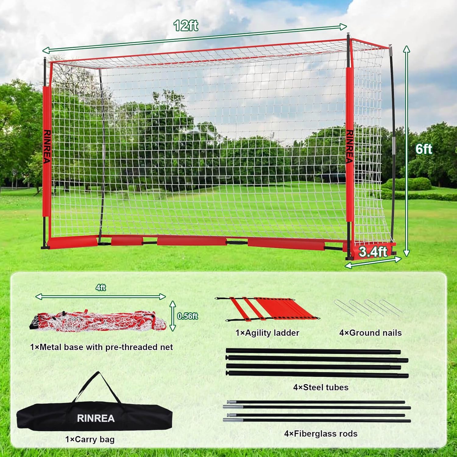 Portable Soccer Goal, Collapsible Soccer Goal Net Metal Base, Quick Setup Soccer Training Equipment with 1 Carry Bag, 1 Agility Ladder, 4 Ground Nails Standard Red