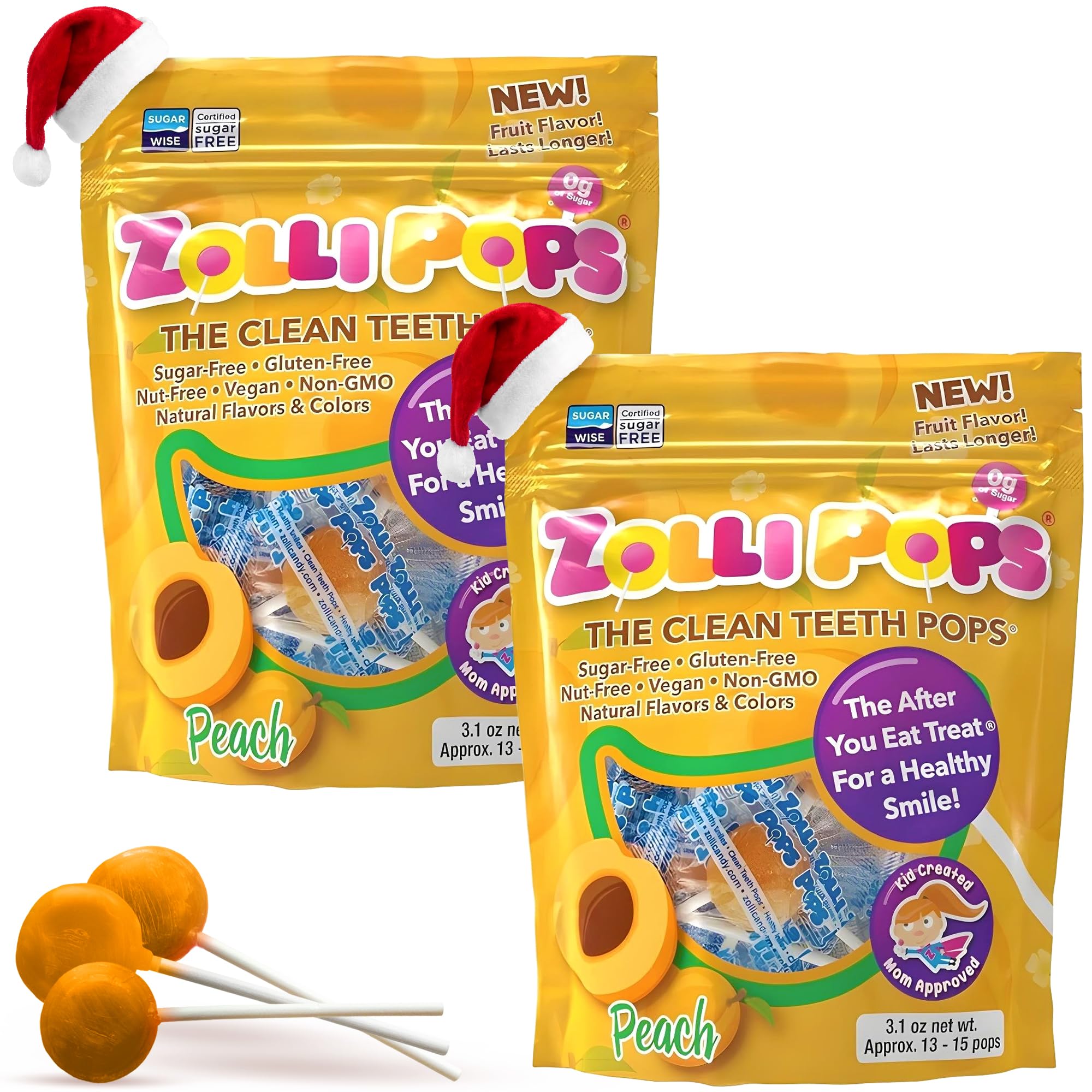 Zollipops Clean Teeth Pops Sugar Free Candy with Xylitol, Dye-Free Lollipops - Keto & Diabetic-Friendly, Dentist-Approved Treats for Kids (Peach, 3.1 oz, Pack of 2)
