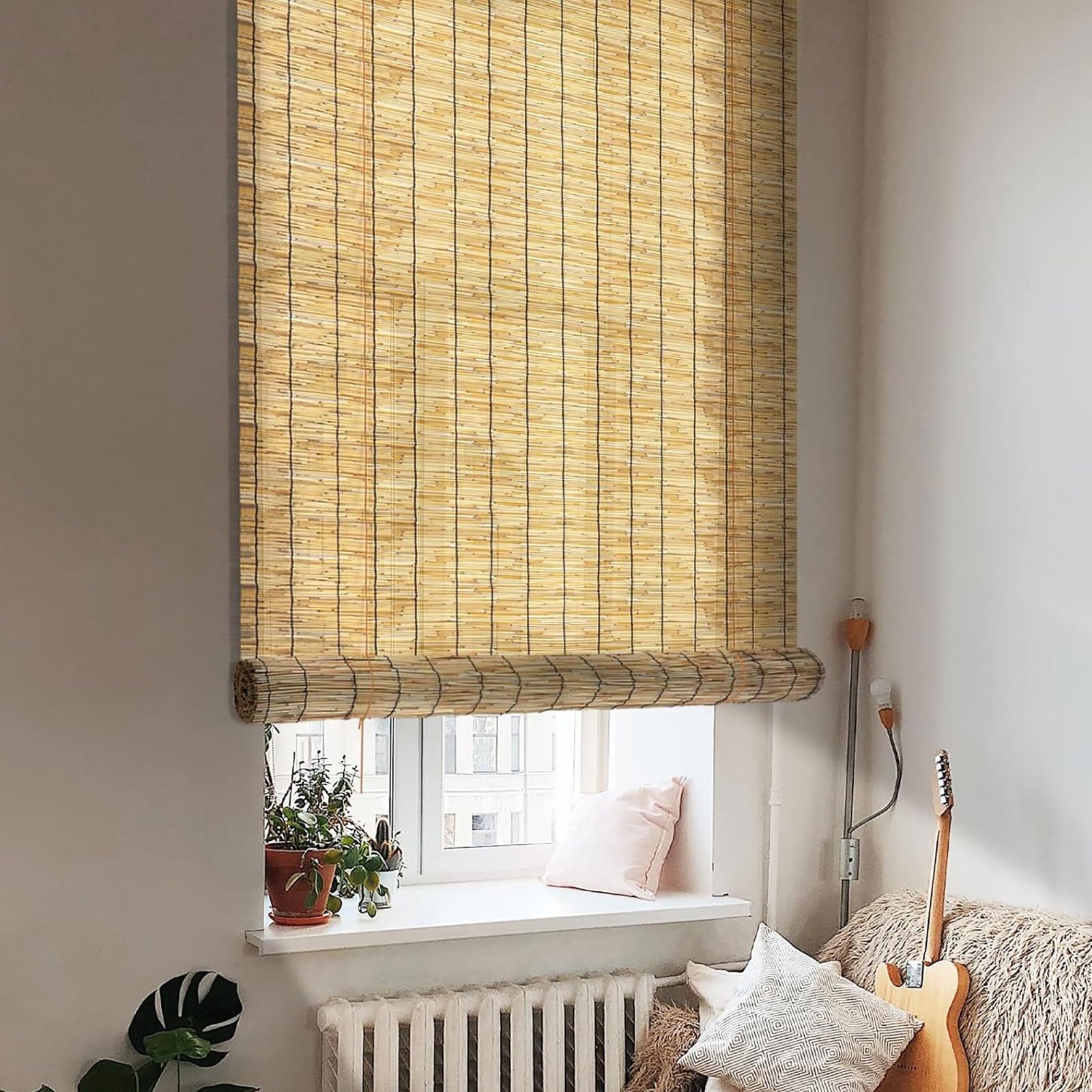 Vintage Bamboo Roller Blinds UV Resistant Waterproof Reed Curtains for Indoor/Outdoor Porch Privacy Easy to Install(160cmx160cm/63inx63in)