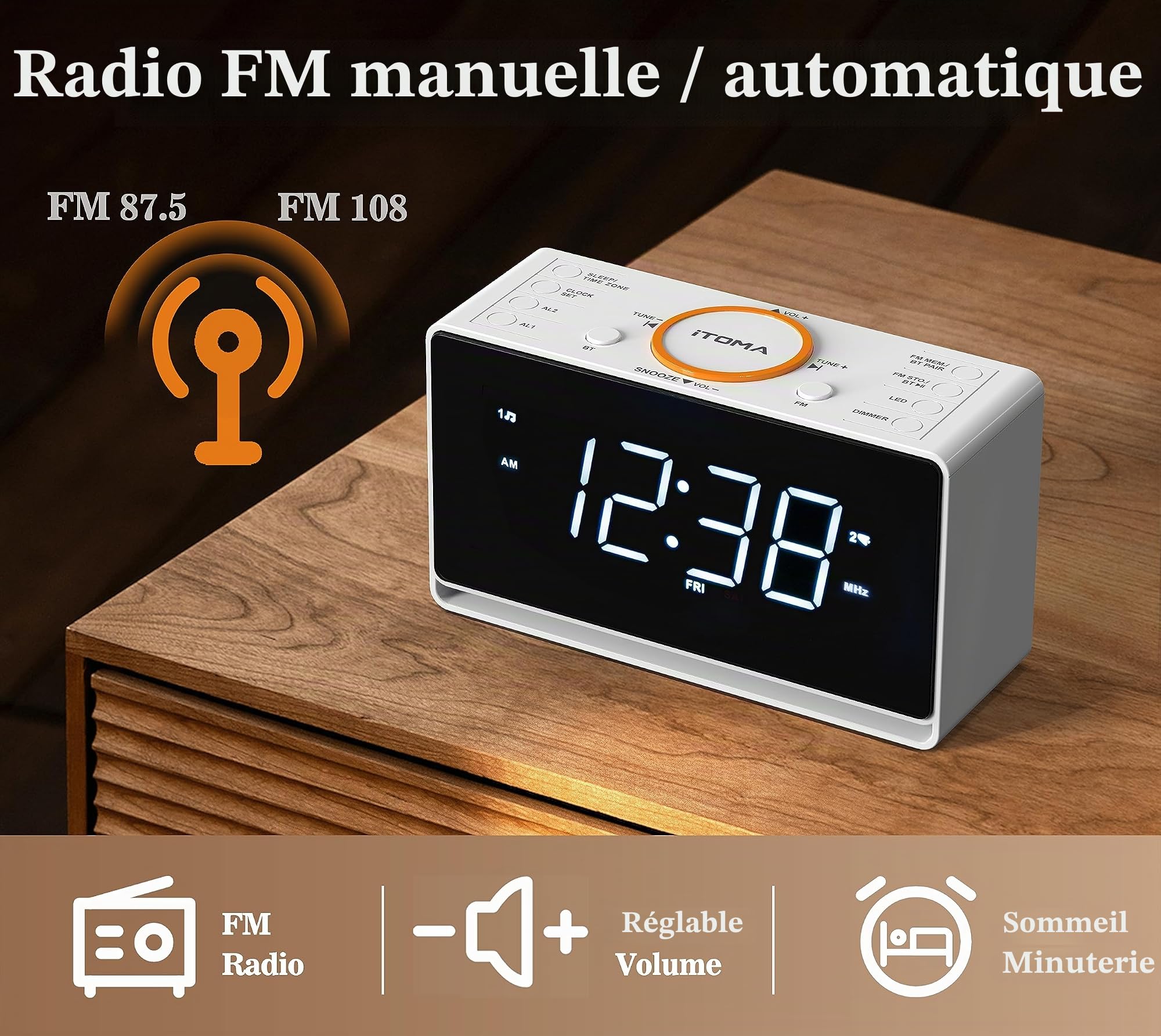 iTOMA Radio-réveil, Affichage LED Blanc 1,4" avec Bluetooth, FM Radio, Double Alarme, Minuterie de Mise en Veille, Répétition, Gradateur Automatique et Manuel, Chargeur USB et Veilleuse CKS718