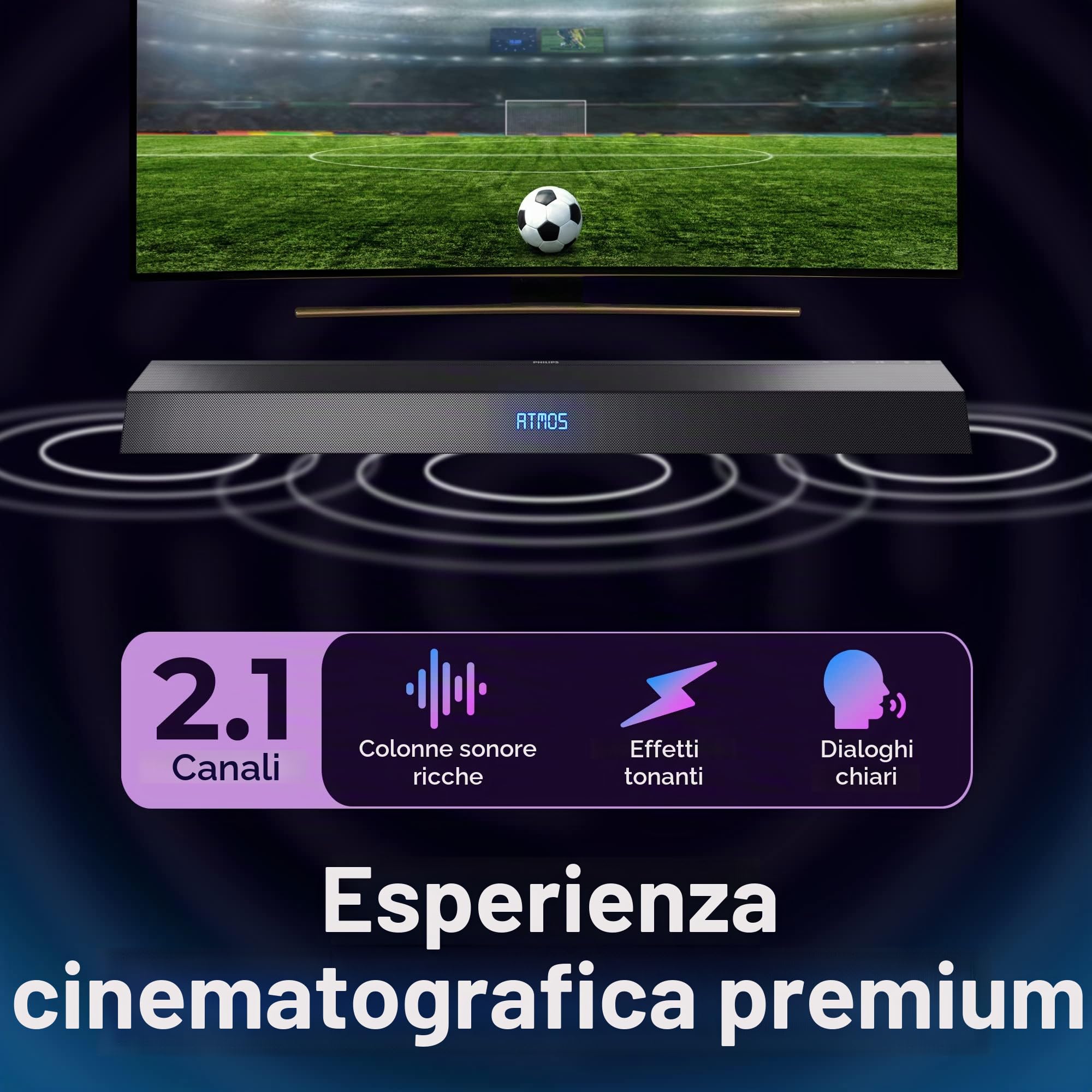 PHILIPS AUDIO B8405/10 Altoparlante Soundbar con Subwoofer Wireless, Bluetooth, 2.1 Canali, 240 W, Cinematic Dolby Atmos, HDMI eARC, DTS Play-Fi, Assistenti Vocali