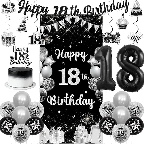 SHADOAMP 18th Birthday Decorations for Boys, Black and Silver Happy 18th Birthda