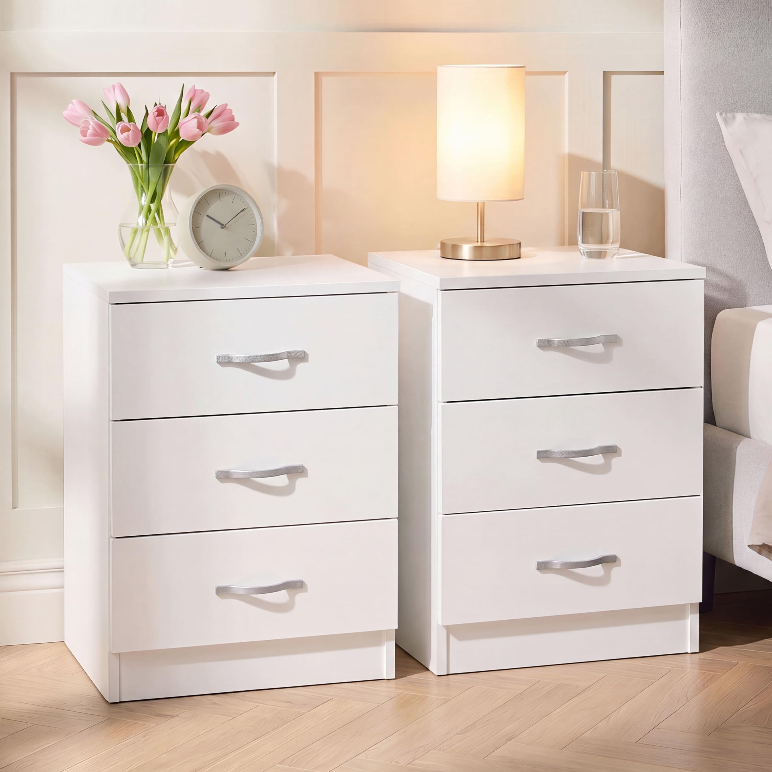 Vida Designs Riano 3 Drawer Bedside Chest Set of 2 | White | Space-Saving Nightstands | 56H x 40W x 36D cm | Engineered Wood | Anti-Bowing Drawer Support | Ideal for Bedroom & Guest Room