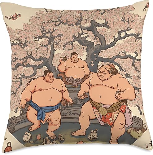 Sakura Sumo Warrior Classic Japan Art Blossom Reign Sumo Wrestler Fighting Renaissance Style Throw Pillow, 18x18, Multicolor