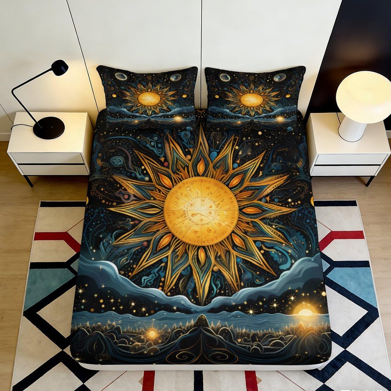 3D Printed Sun Mandala Fitted Sheet Microfiber Anti-Slip Celestial Mattress Cover for Bedroom Dorm Decorative Protection 120x200x25cm