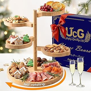 Tiered Charcuterie Board Gift for Women: Bamboo 360° Rotating Round Base...