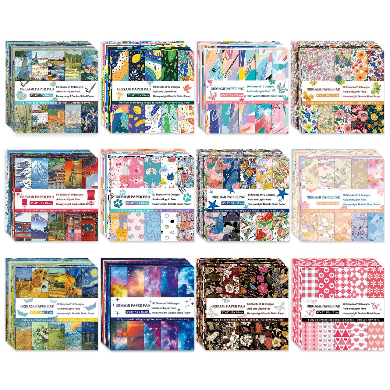 Origami-Papier-Set, 12 verschiedene Packungen, 15,2 cm, quadratisch, doppelseitig, lebendige Farben, einfache Faltung, Papier-Set, Handwerk, Papier, Kunst, Kreativität