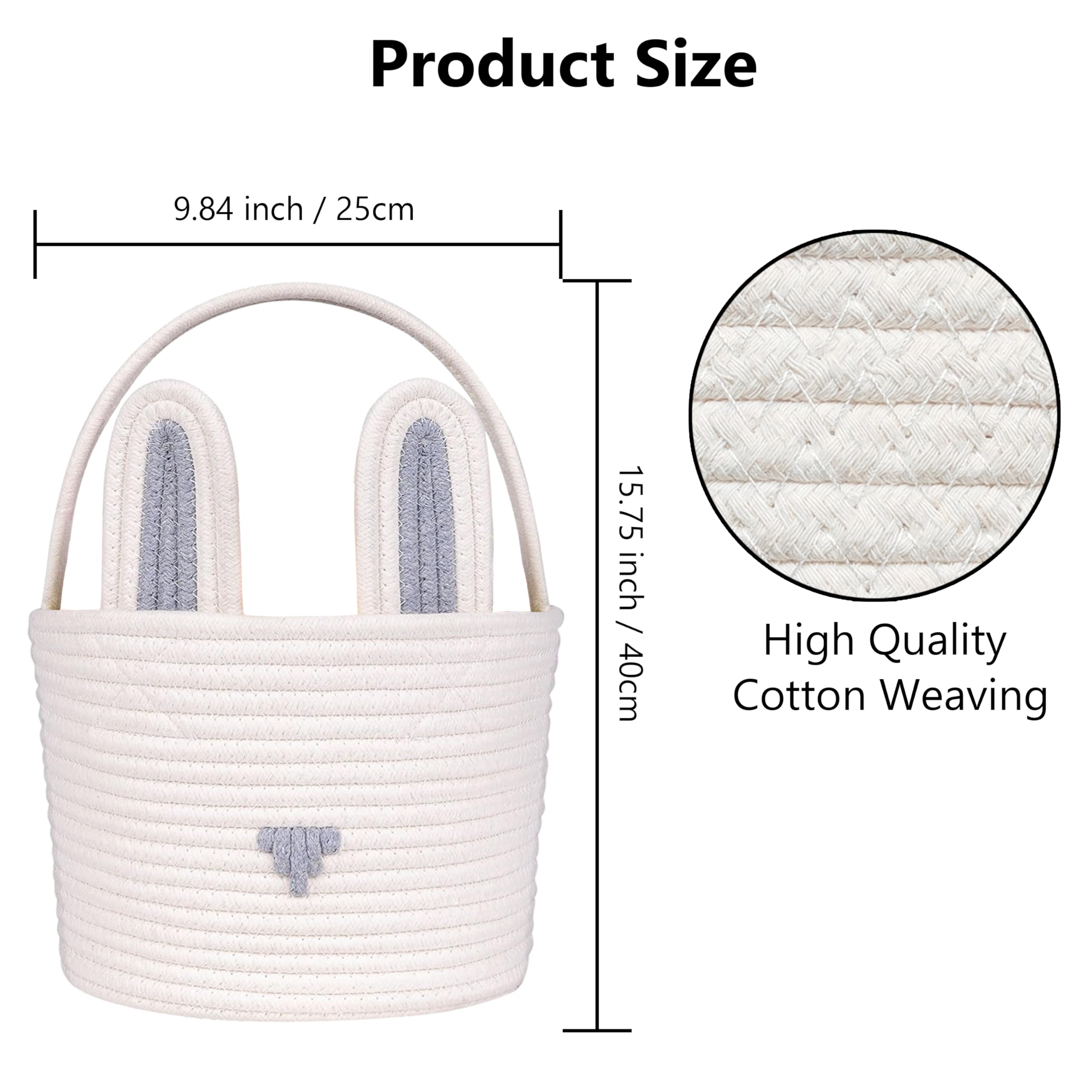 sxvblly Gray Easter Baskets with Handle,Woven Cotton Rope Basket,Empty Cute Bunny Gift Basket for fill Candies Gifts and Easter Egg Hunt (2PCS)