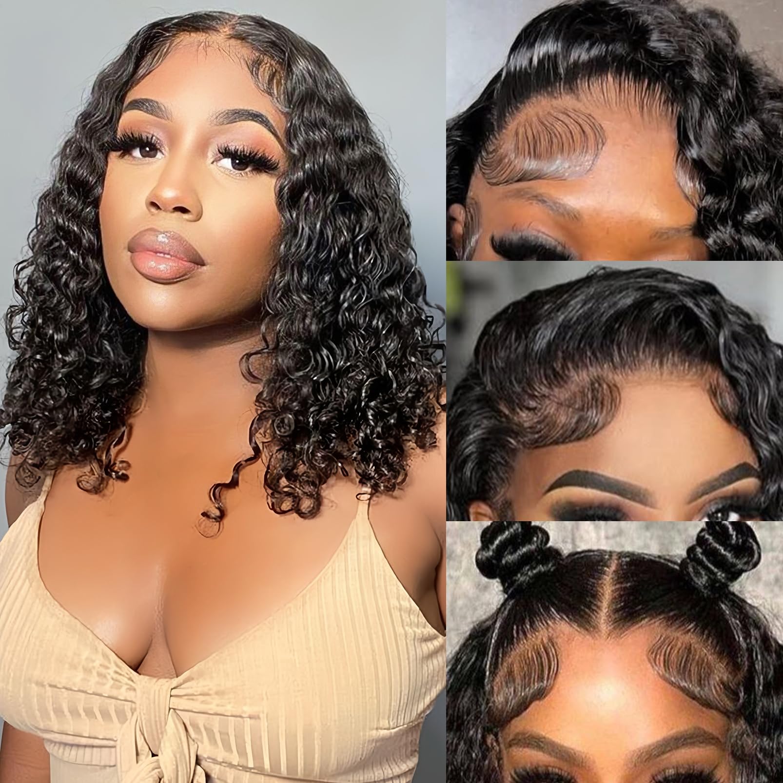 Bob Wig Human Hair 13x4 Water Wave Lace Front Wigs for Women Short Curly Human Hair Wigs Deep Wave Lace front Bob Wigs 200 Density Natural Color 14 Inch