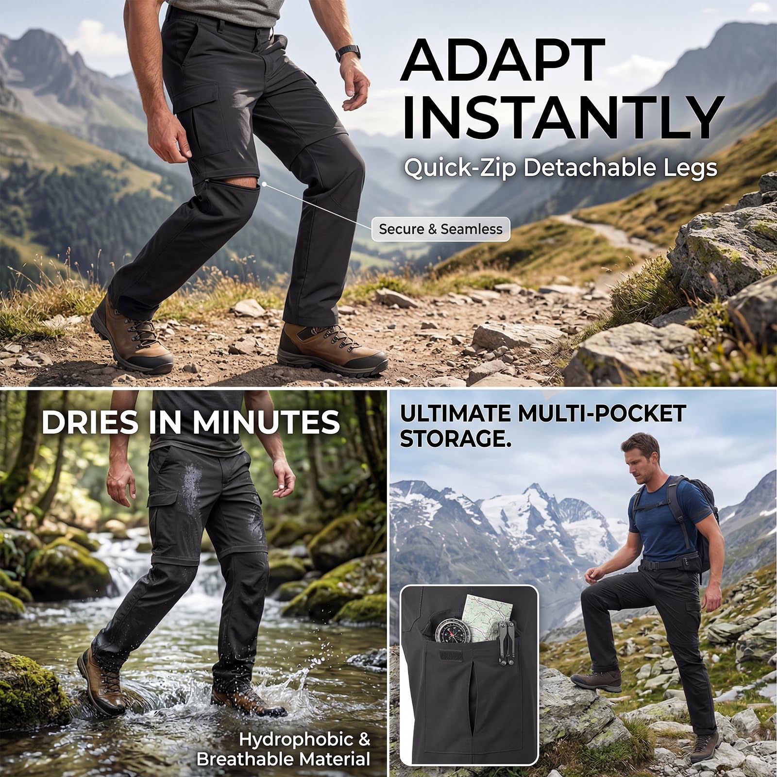 Pantalones de Caminata Secos rápidos para Hombres Convertibles en Pantalones Cortos Pantalones de Carga Ligeros