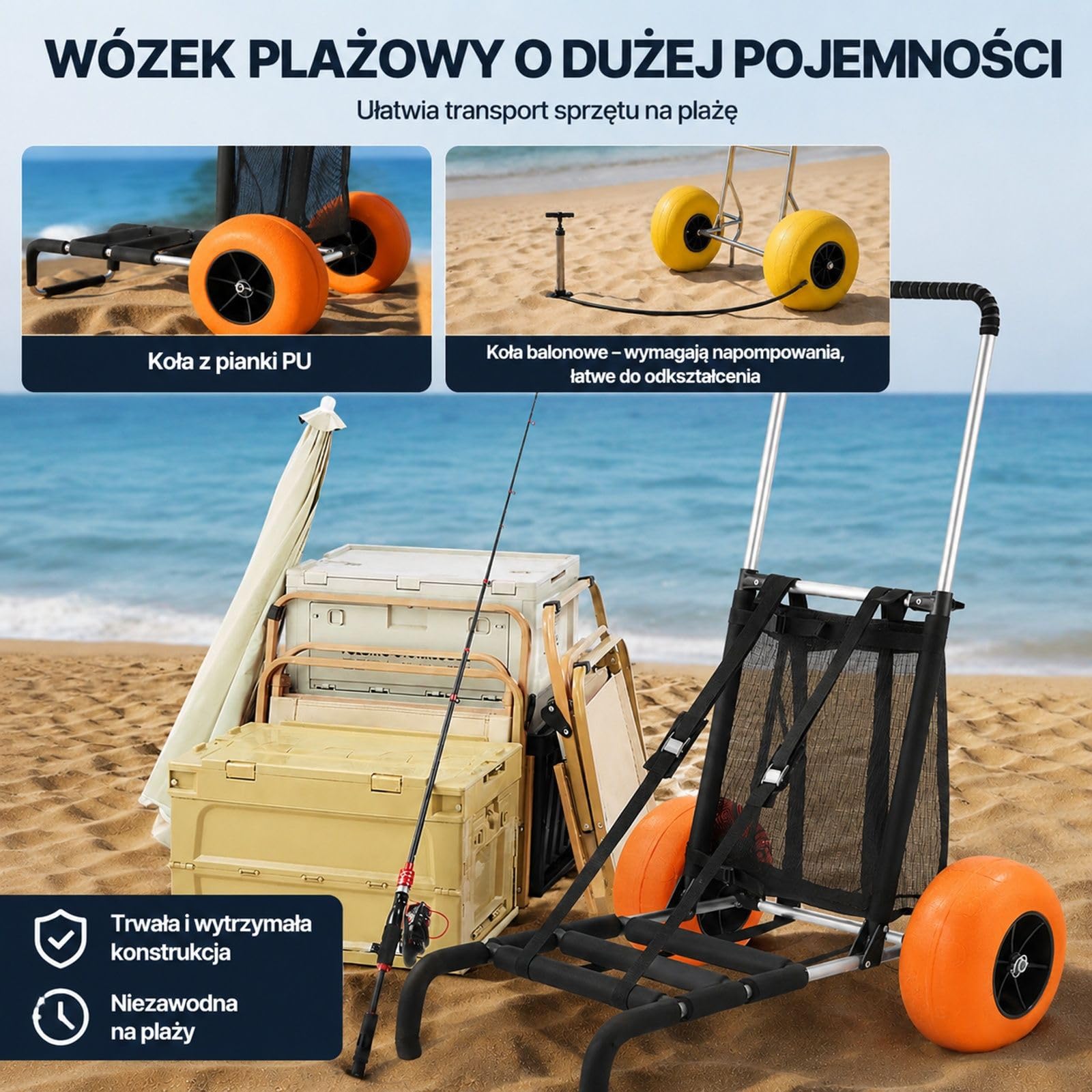 Składany wózek plażowy z aluminium, regulowany uchwyt, duże koła i platforma ładunkowa do pia ogrodu