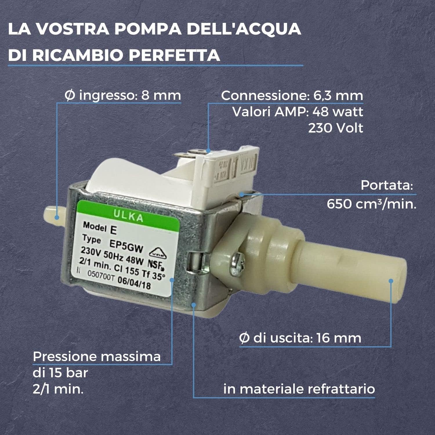 LICHTBLAU Pompa ULKA EP5GW 48W 230V I pompa di ricambio ignifuga adatta per Philips Saeco 996530007753 12000140 DeLonghi 5113211311 Miele 5035151 & Krups MS-622743 I