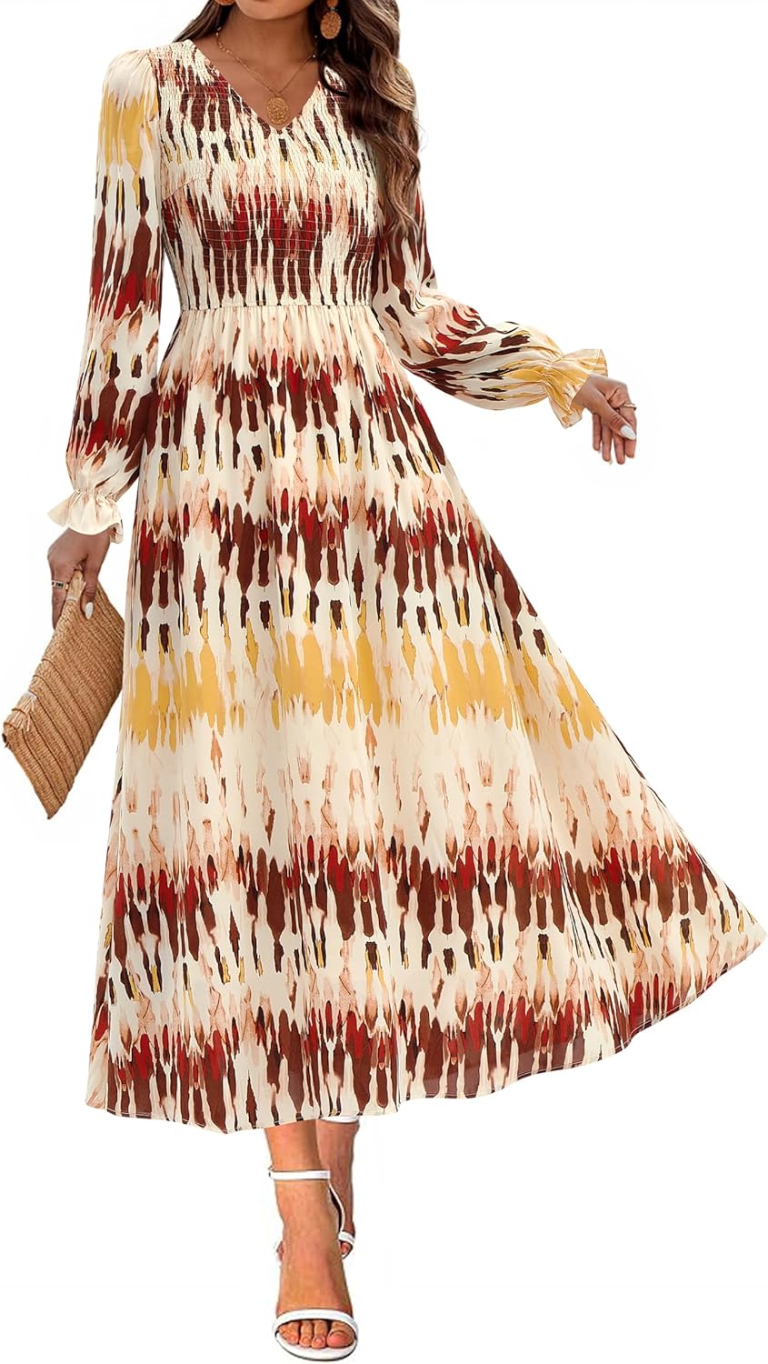 MASCOMODA Womens 2025 Fall Long Sleeve Floral Maxi Dress Casual Smocked V Neck Boho A Line Flowy Long Wedding Guest Dresses