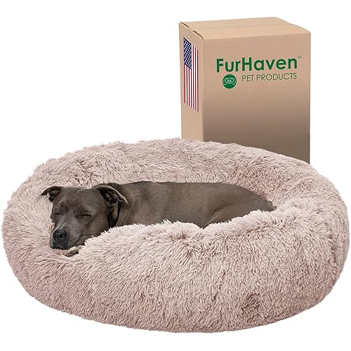 Furhaven 36" Round Calming Donut Dog Bed for Large/Medium Dogs, Refillable w/ Removable Washable Cover, For Dogs Up to 75 lbs - Shaggy Plush Long Faux Fur Donut Bed - Taupe, Large