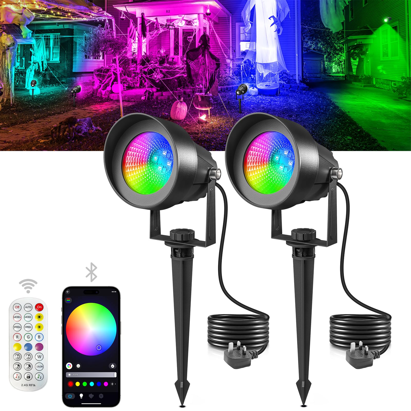 T-SUN Garden Spot Lights Mains Powered, RGB Garden Spike Light with Remote, IP65 Waterproof Outdoor Spotlight, 16 Colors & 44 Dynamic Modes Landscape Spot Light for Lawn Yard Pathway, 2-Pack
