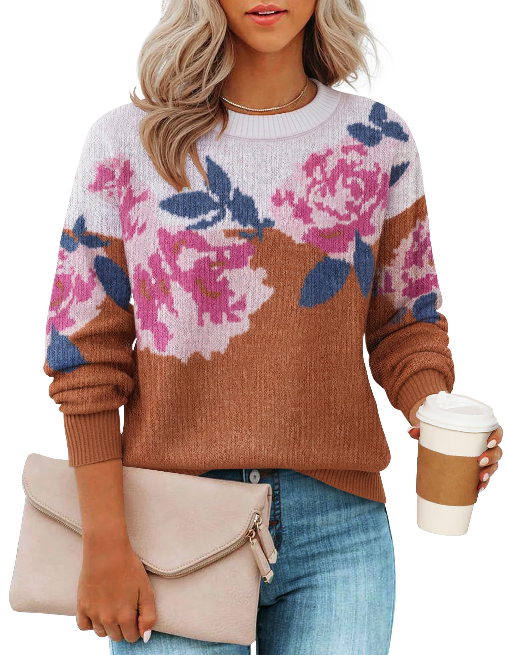 zesica Women's Floral Oversized Sweaters 2026 Fall Crewneck Long Sleeve Casual Chunky Knit Pullover Sweater Tops-picture-24