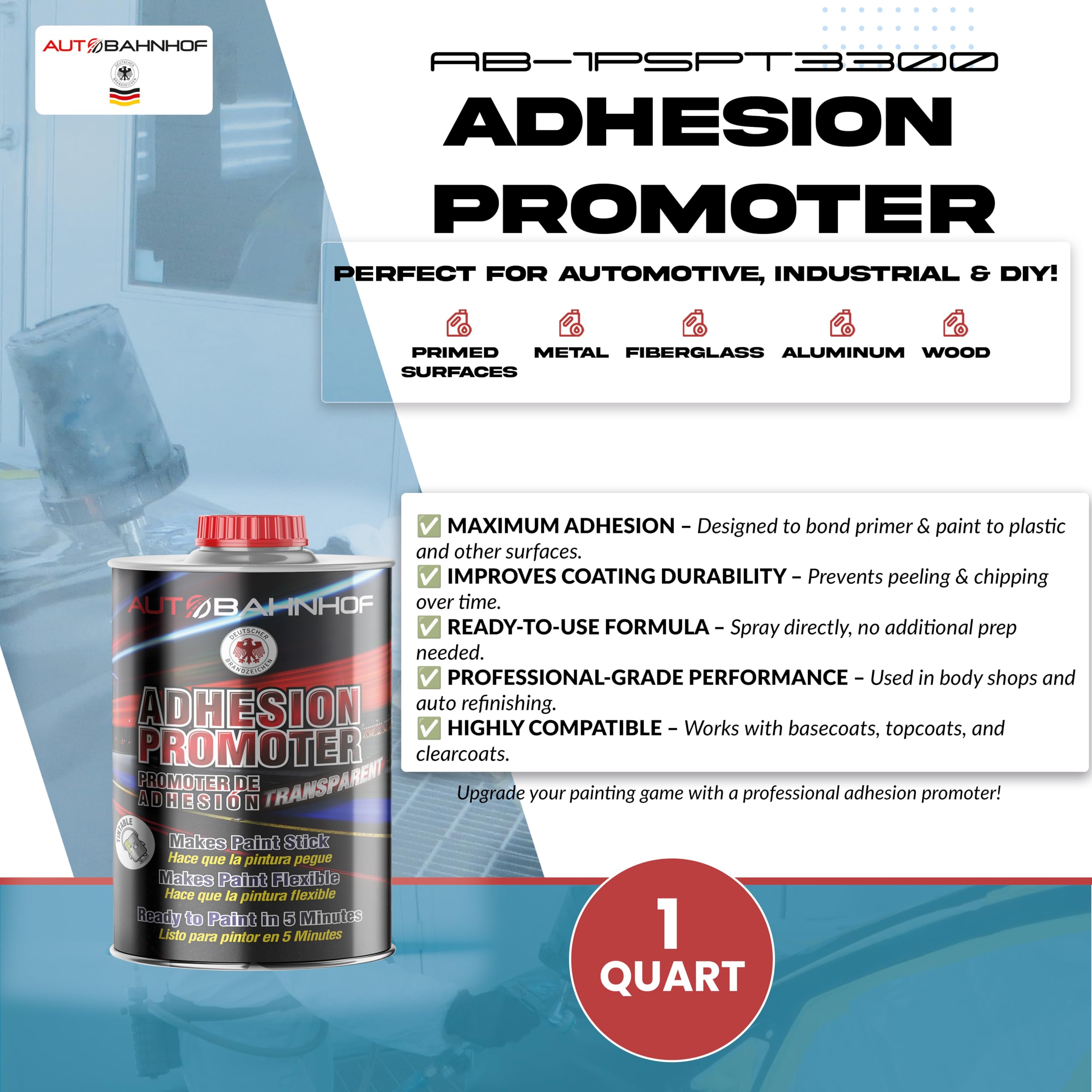 AUTOBAHNHOF Tintable Adhesion Promoter - Transparent, Quick-Drying Primer for Automotive Bumpers, Plastic, Metal, and Aluminum Surfaces – Professional-Grade Adhesion Enhancer (1 Quart)