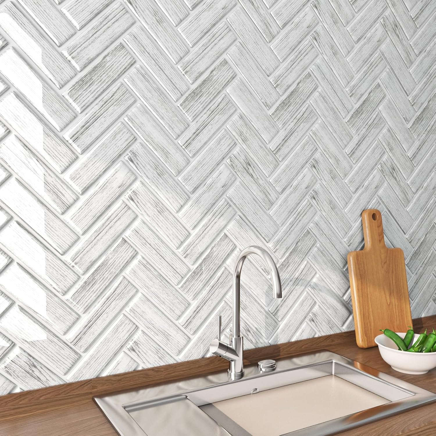 Loseta en muro de espiga FunStick de 12x12 pulgadas en blanco y gris para cocina