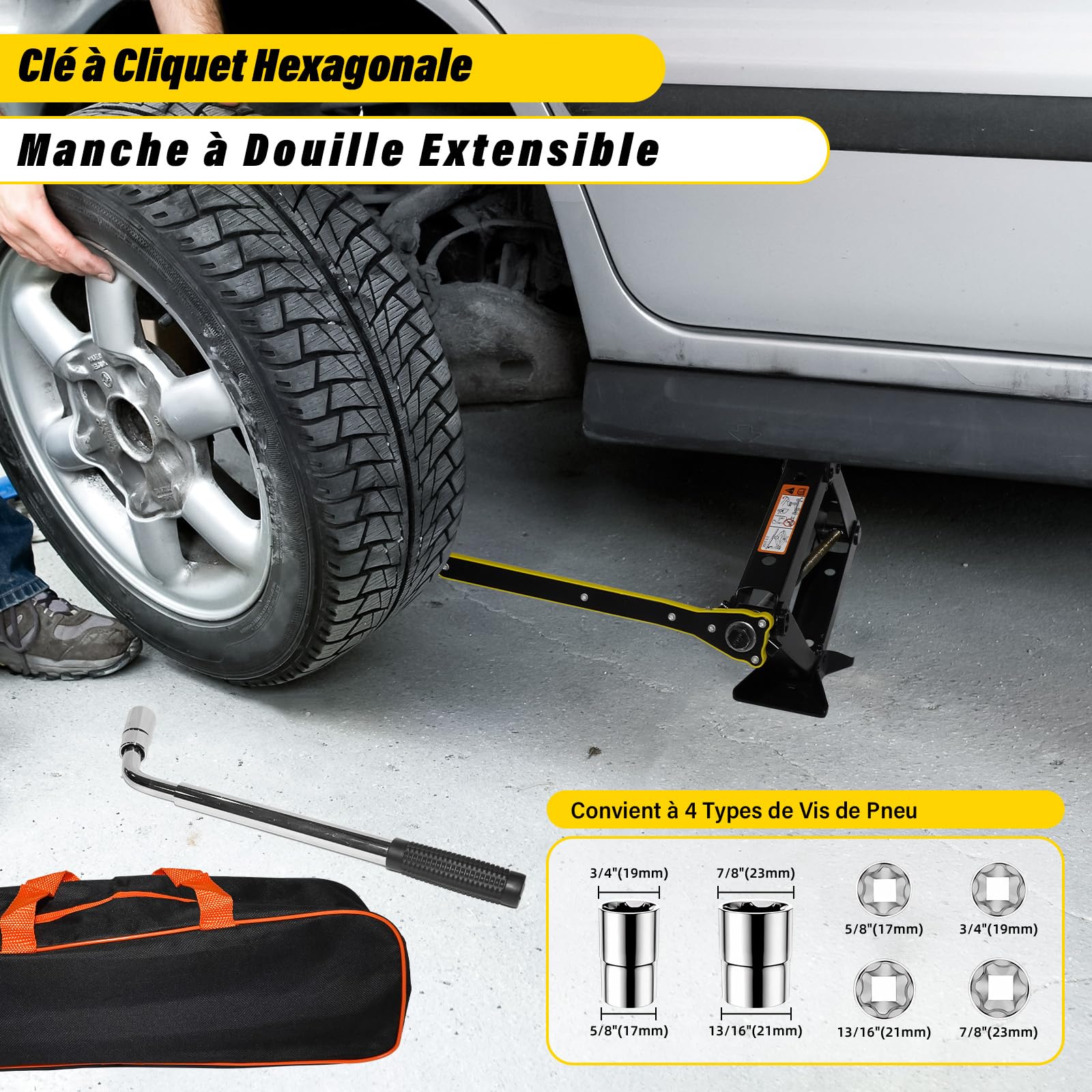 Cric Voiture 3T/3000kg, Universel Crique Voiture avec Tampon Caoutchouc,Portable Cric De Levage avec Clé pour Écrous De Roue, Kit d'urgence Automobile pour SUV MPV VoitureTesla