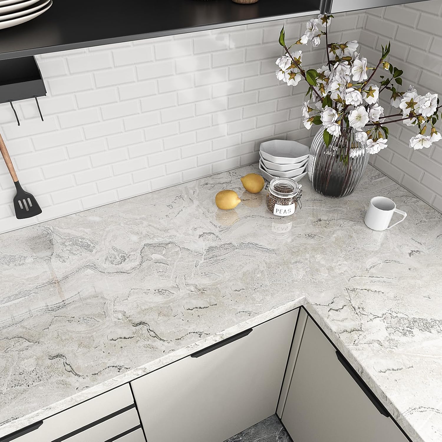 VEELIKE Glossy Silver Beige Marble Contact Paper for Countertops Marble Kitchen Countertop Peel and Stick Waterproof 15.7''x118'' Marble Wallpaper Adhesive Countertop Vinyl for Bathroom Table Desk
