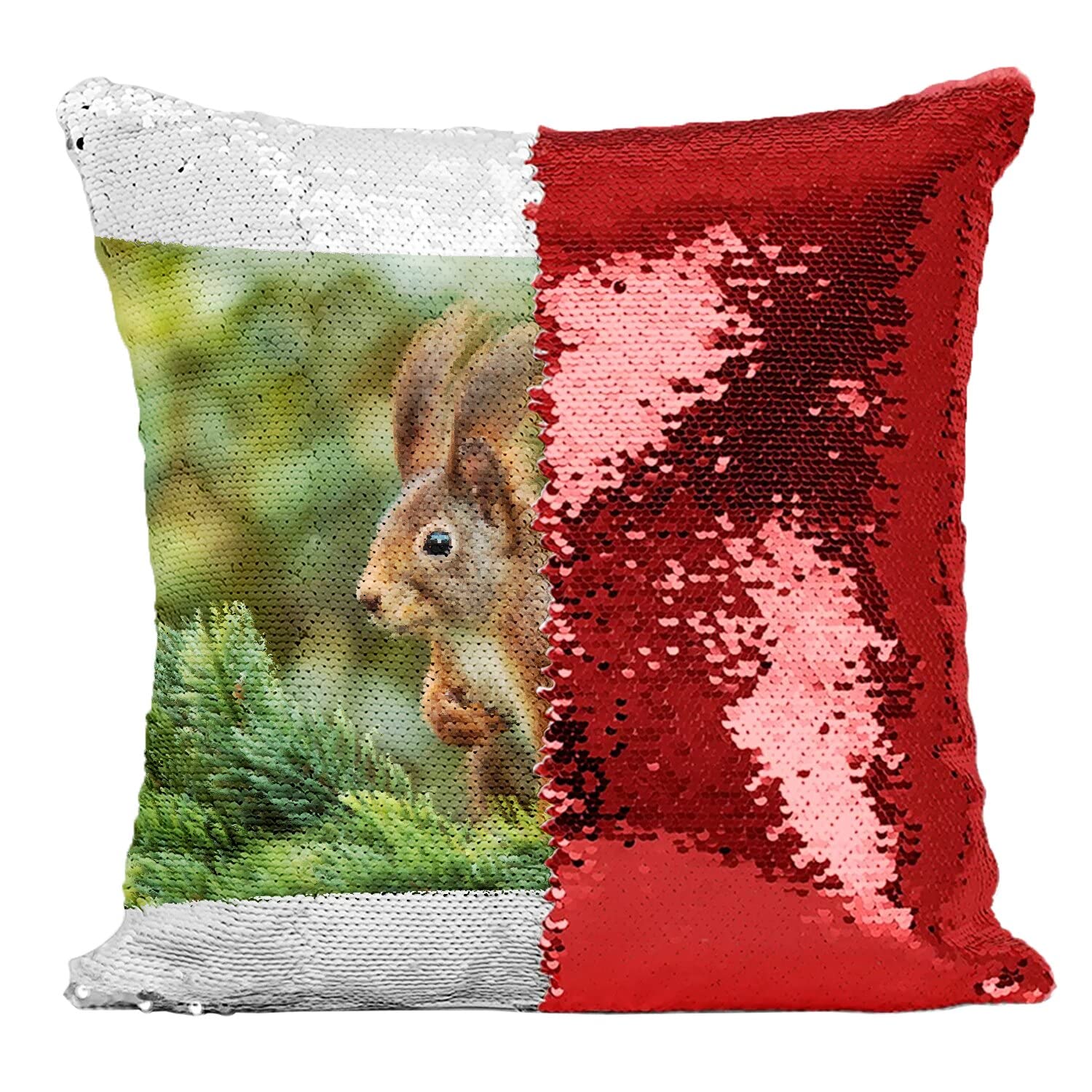 Coussin sequin écureuil rouge sauvage, finition paillettes chic