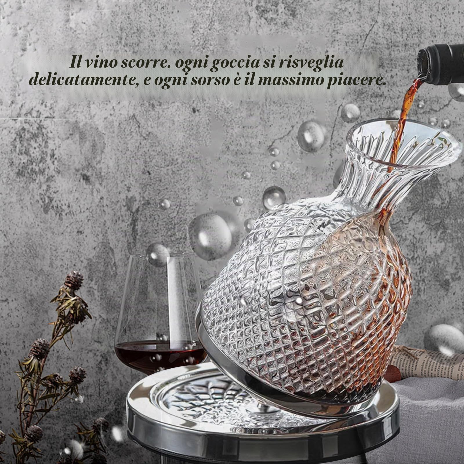 Lussuoso set decanter per vino con 2 bicchieri di cristallo senza piombo, 1500 ml, rotazione a 360° e aerazione rapida, caraffa per vino rosso, regalo per matrimoni, anniversari, pensionamenti