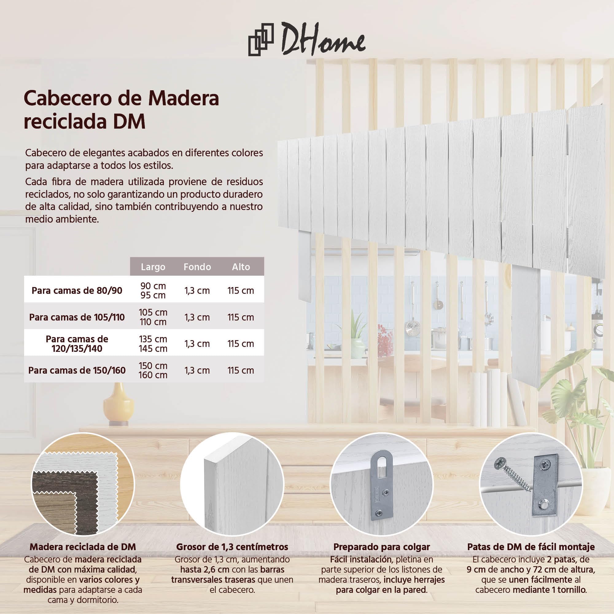 DHOME Tête de lit en Bois recyclé MDF avec Pieds, Style Palette Vertical, lit Palettes, Ferrures incluses (145cm, Bois Blanc)