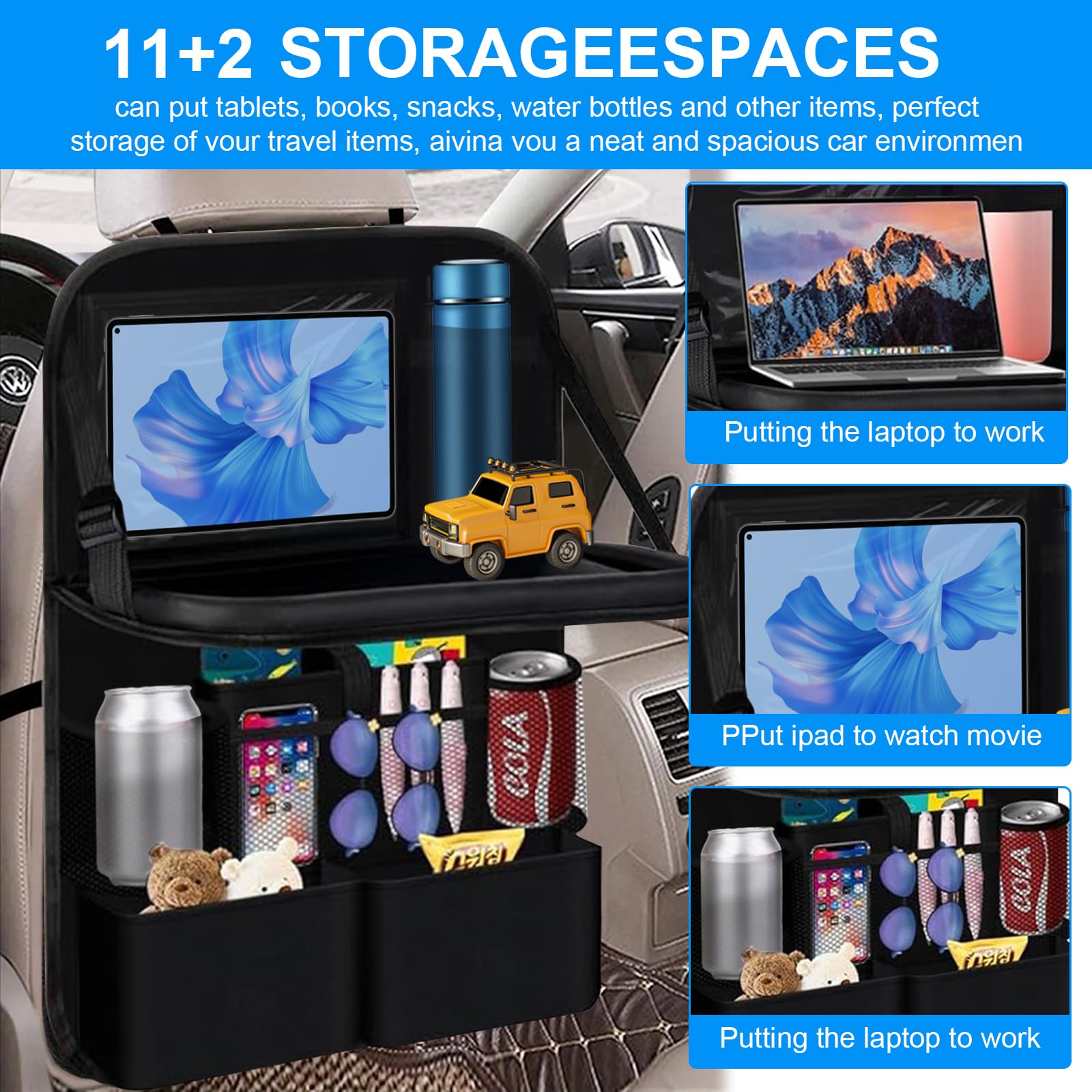 2 Pièce Protections Dossier de Siège voiture, Protege Siege Car Enfant, Organisateur voiture Enfant, Imperméabl Rangement avec Plateau de voyage et Poche Transparente, Noir