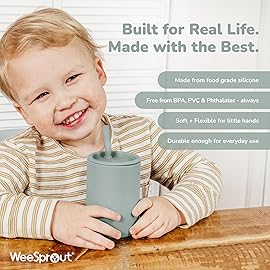 WeeSprout Silicone Baby Cups With Straws and Lids, 4 & 8 oz Options, Set of 2, Food Grade Toddler Training Container, Built In Straw Stoppers, Measurement Markings, Dishwasher Safe + Straw Cleaner