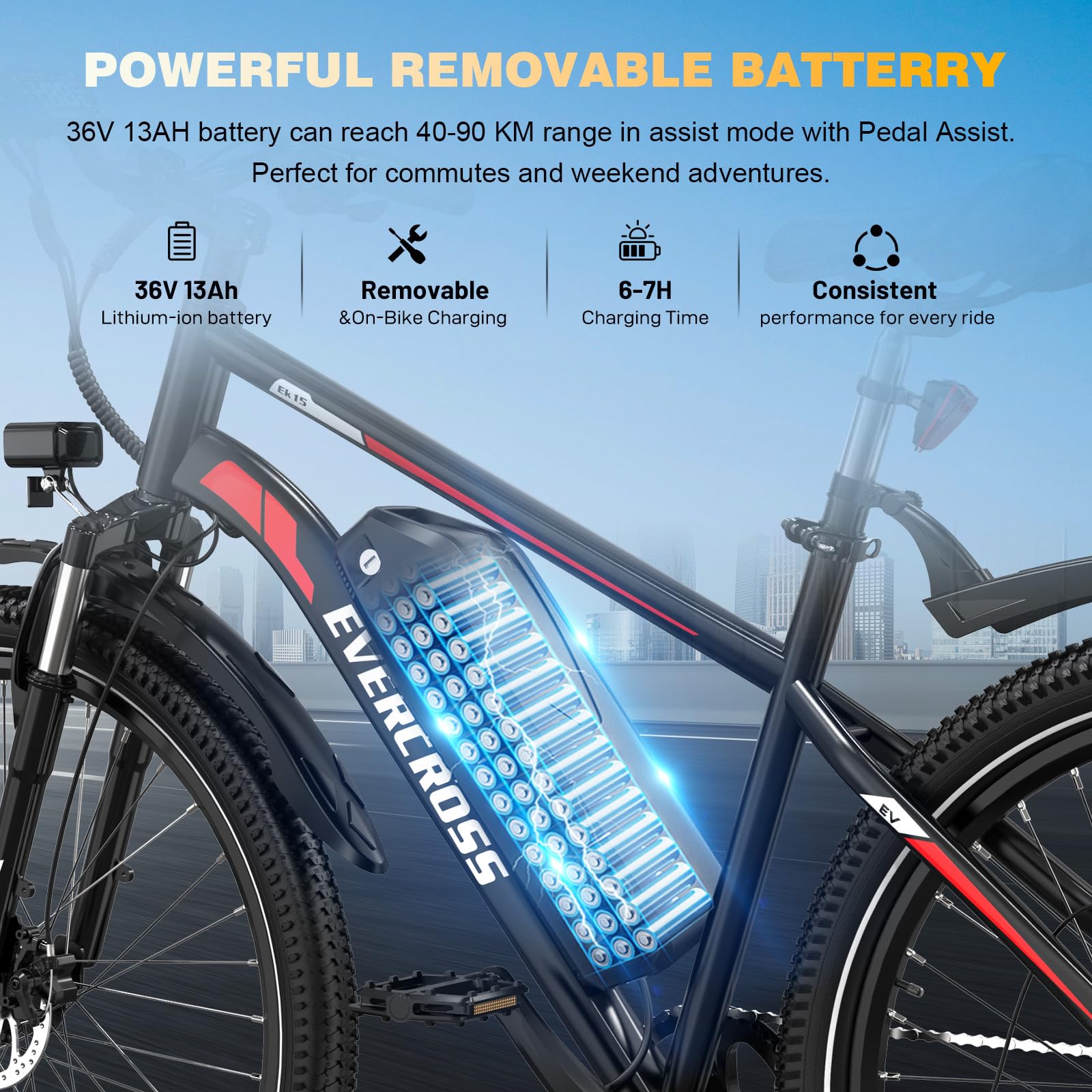 EVERCROSS EK15 Vélo électrique pour Adultes, VTT Electrique 27,5'' avec Pédalage - Application, Moteur 250W, Batterie 36V 13Ah, 15/20/25 KM/H, 7-S Vitesses, Vélos Electriques Urbains pour Unisexe