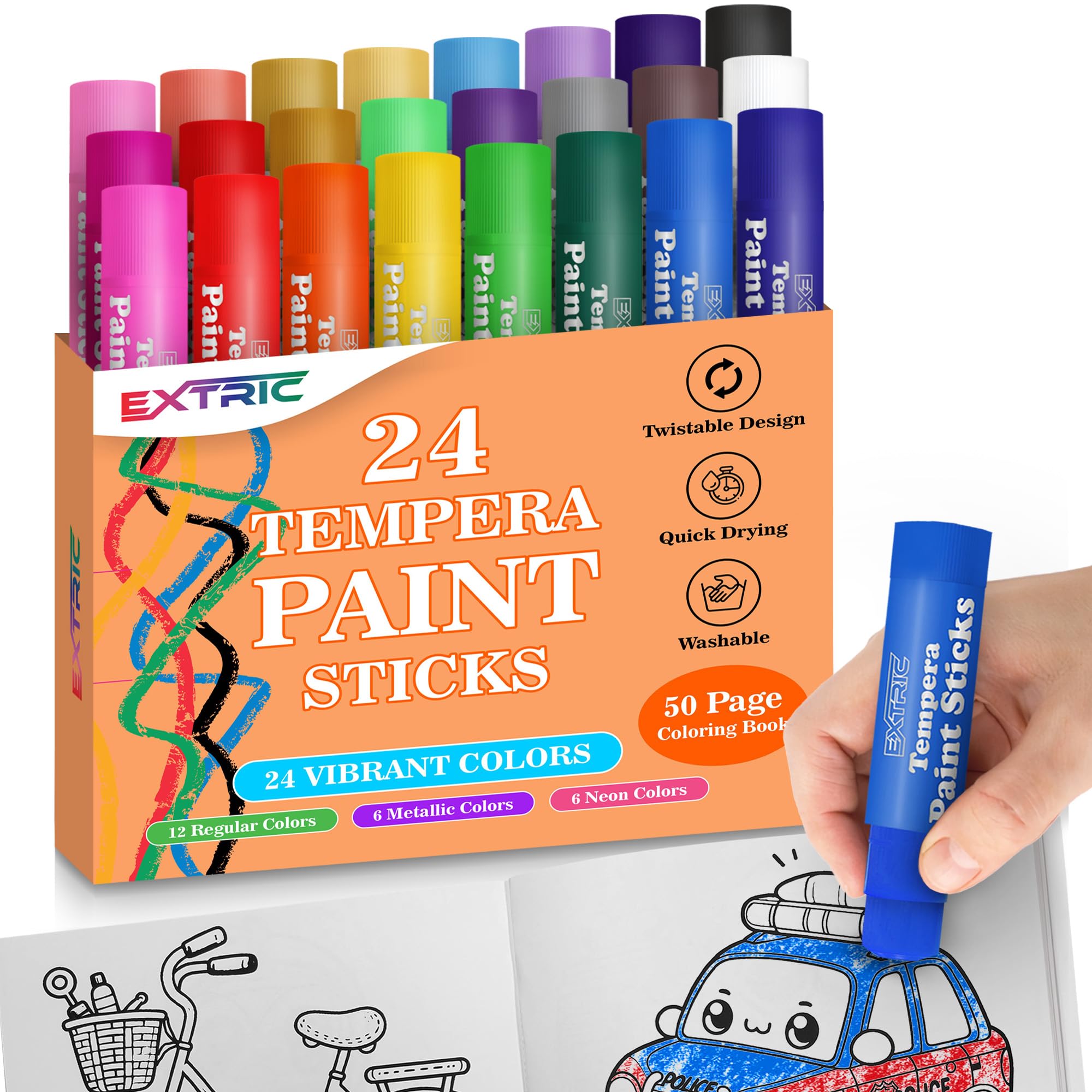 EXTRIC Solid Tempera Paint Sticks for kids, 24 Colors, Washable Painting Sticks with 50 Page Coloring Book, Non-toxic Paint Markers for Toddlers,