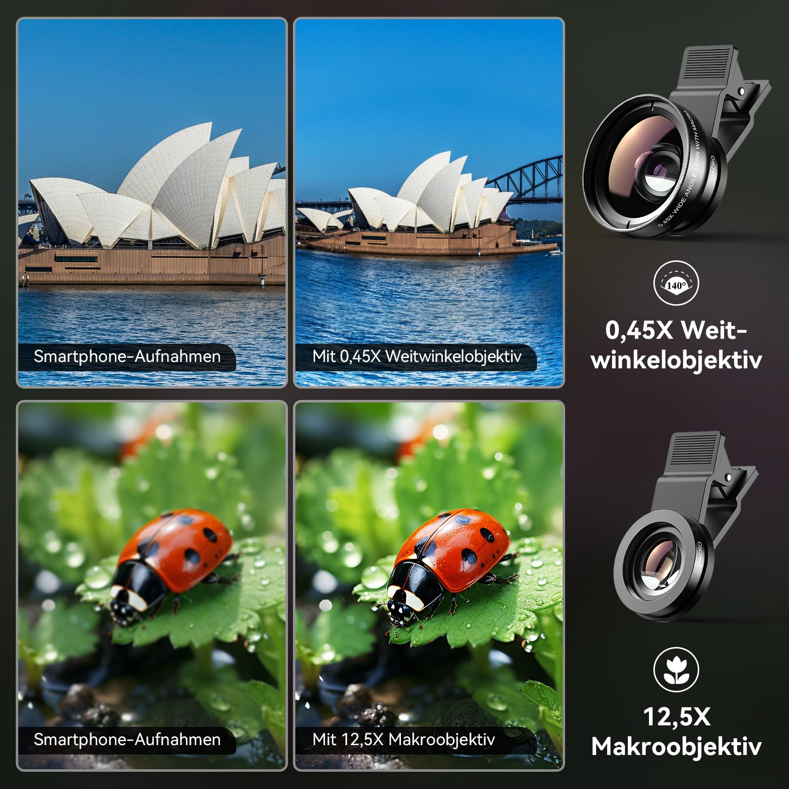 Evil Eye Universal Handykamera Objektiv Set, 0,45X Weitwinkel & 12,5X Makro mit Universalclip, Kompatibel mit iPhones & Android-Smartphones, Ideal für Reisen, Alltag & Social-Media-Fotografie