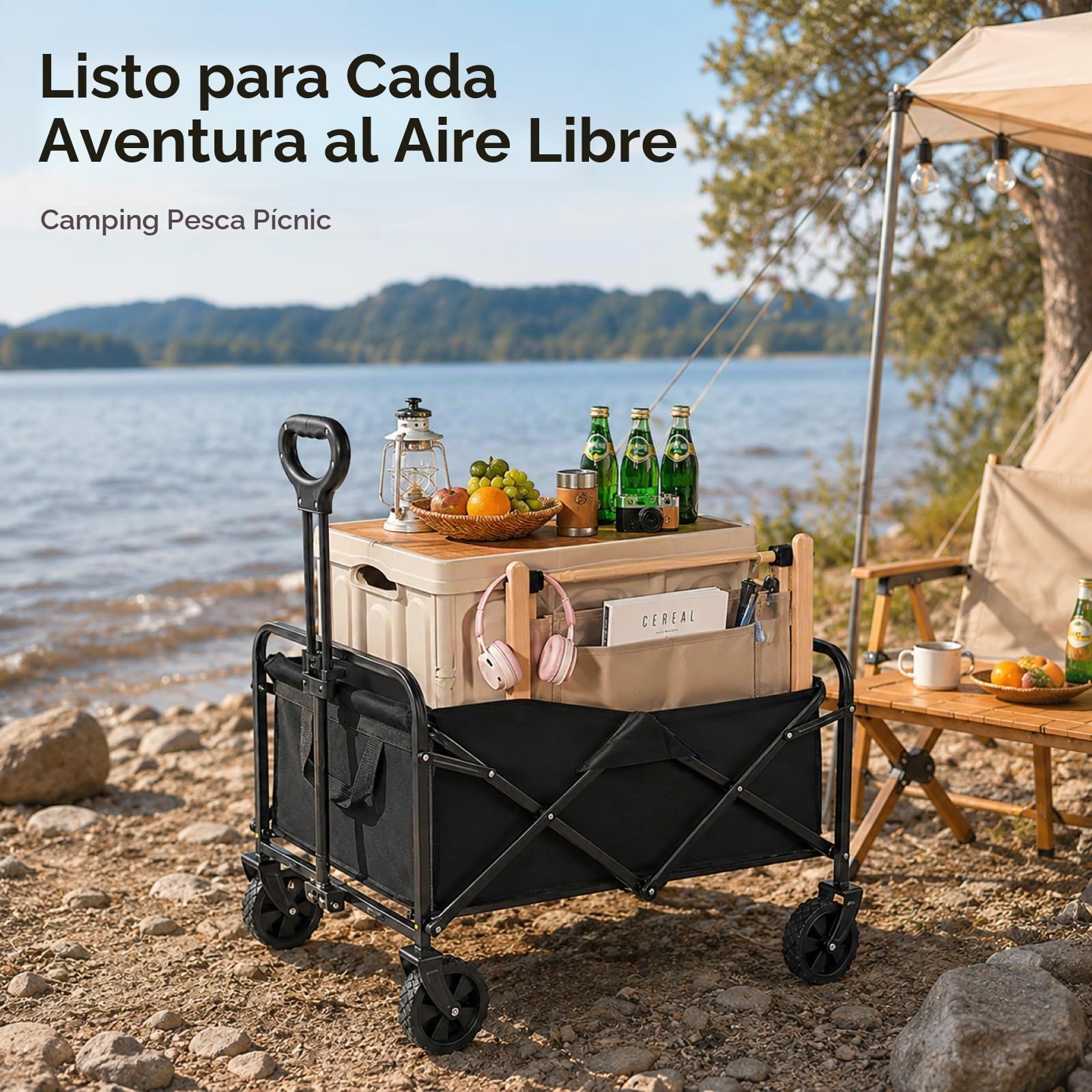 Superficie de carga de 150 kg, carrito de playa plegable, gran capacidad, portátil, para jardín, camping, festival